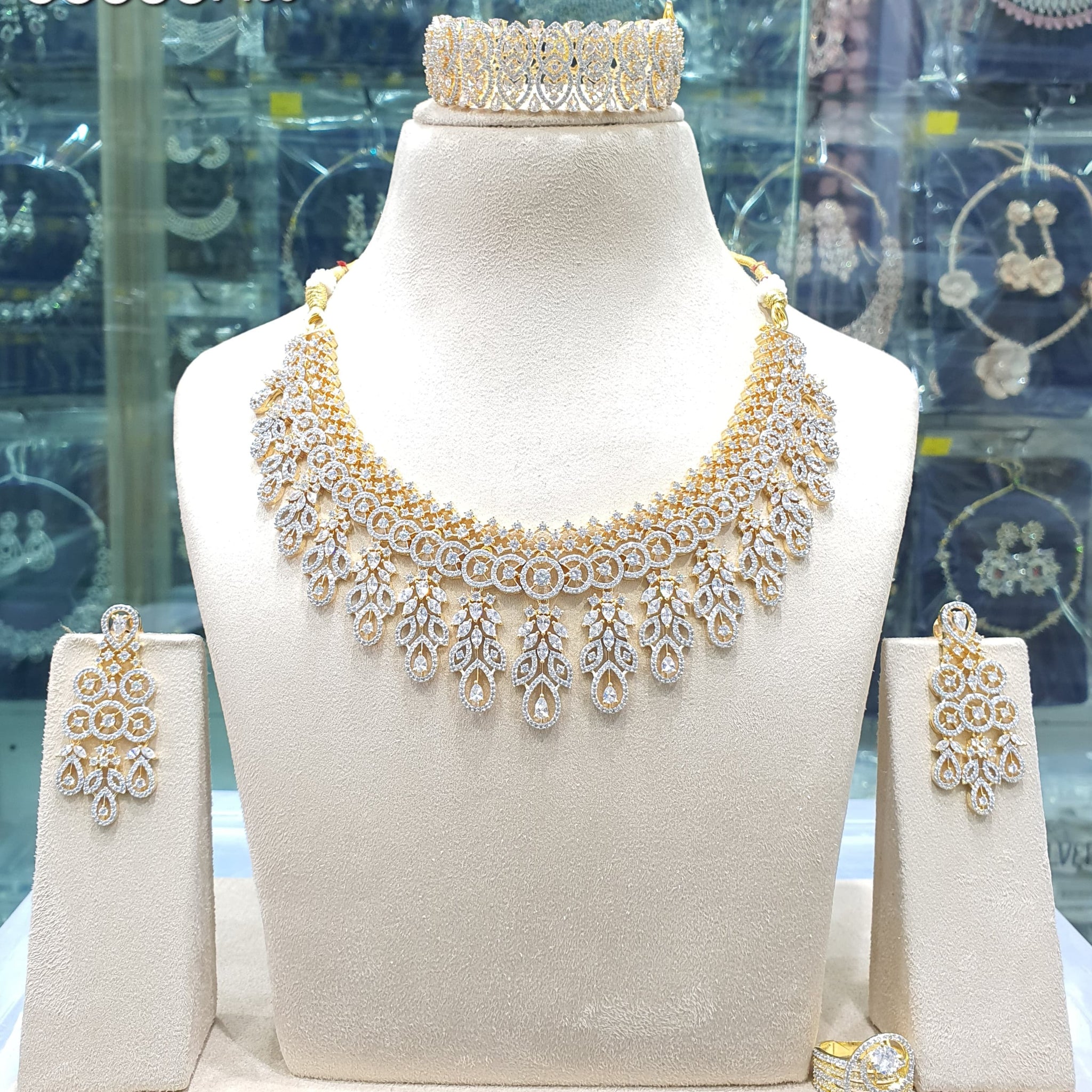 Beautiful American Diamond Antique Stone Necklace with Earrings Jewellery