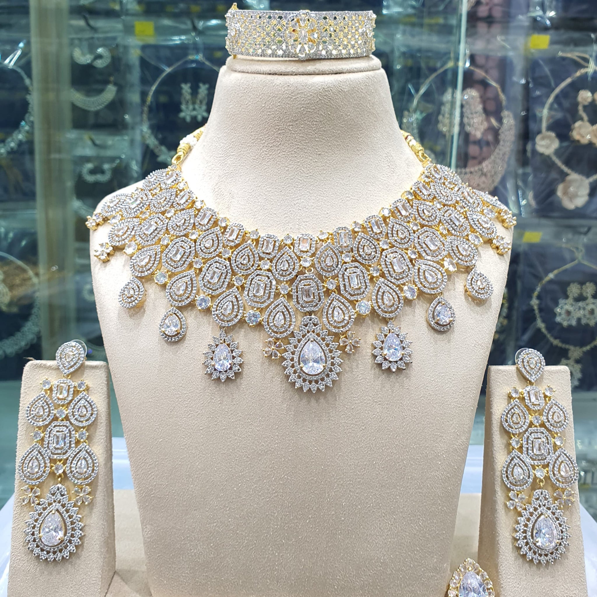 Beautiful American Diamond Antique Stone Necklace with Earrings Jewellery