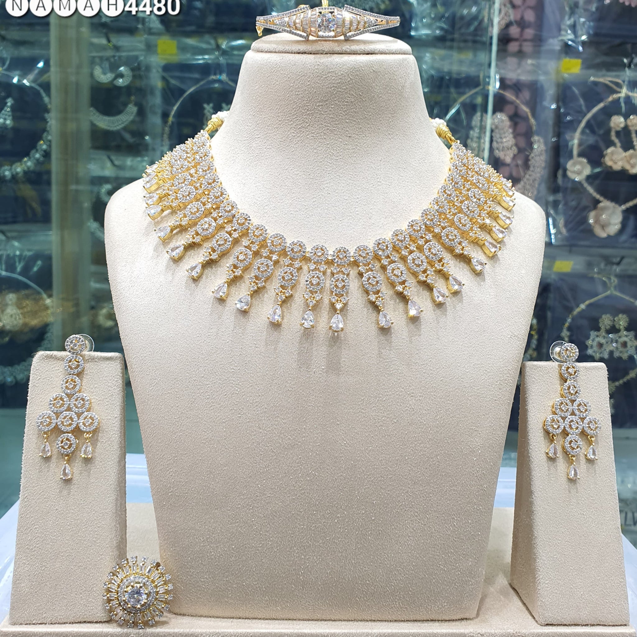 Beautiful American Diamond Antique Stone Necklace with Earrings Jewellery