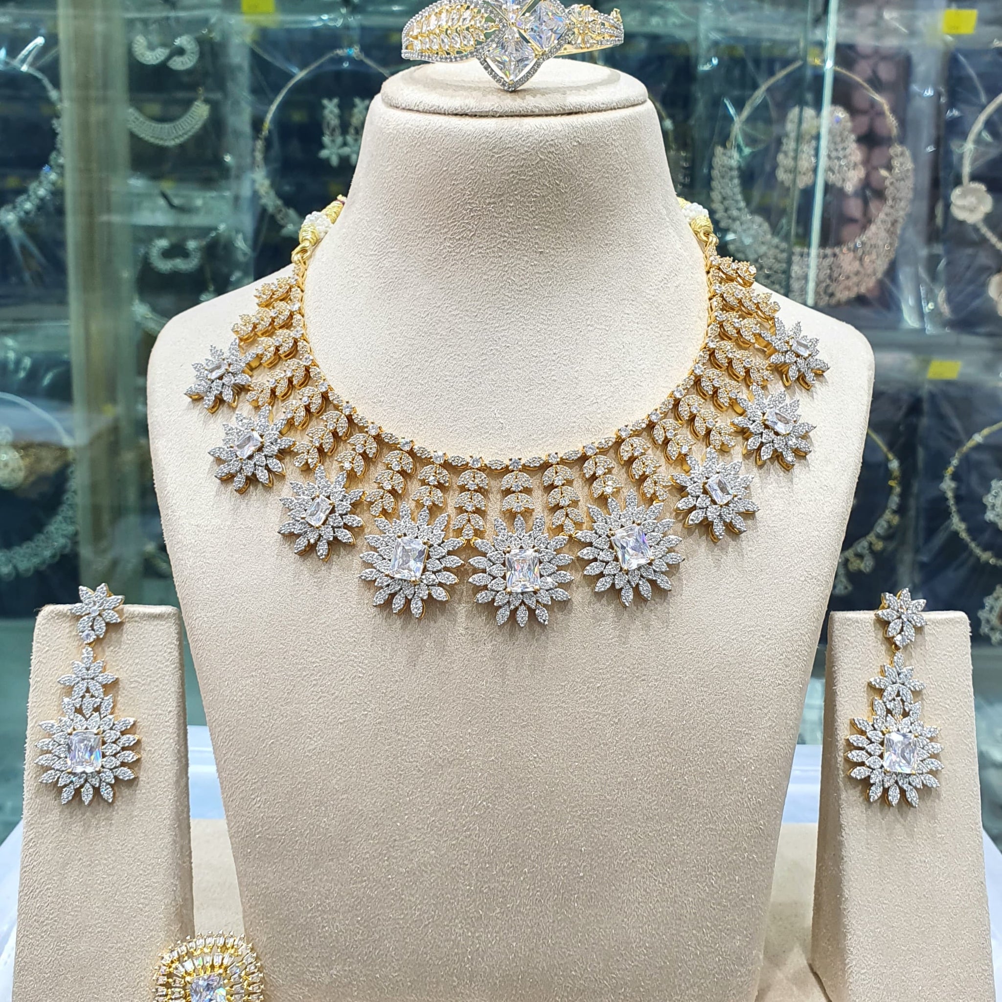 Beautiful American Diamond Antique Stone Necklace with Earrings Jewellery