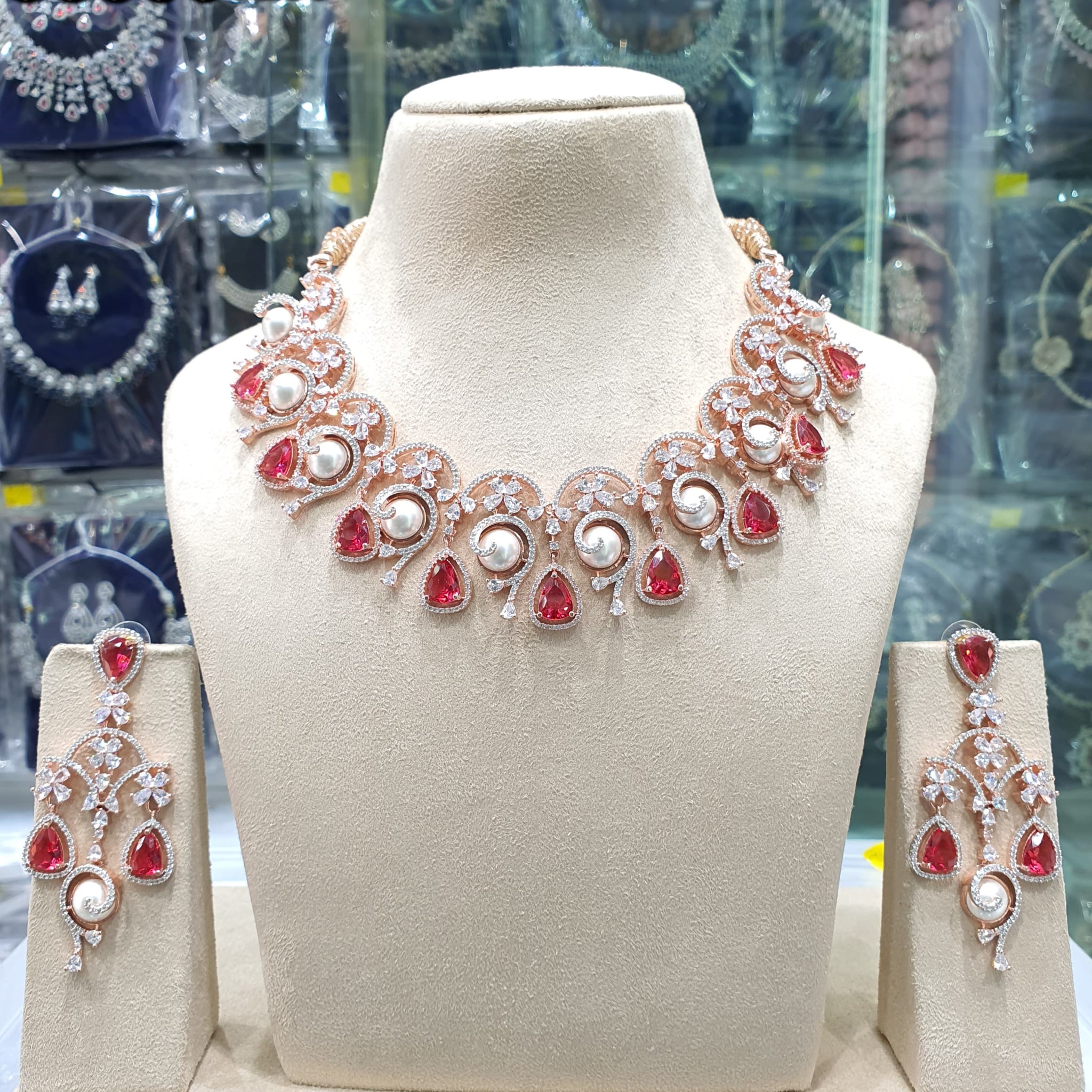 Beautiful American Diamond Antique Stone Necklace with Earrings Jewellery