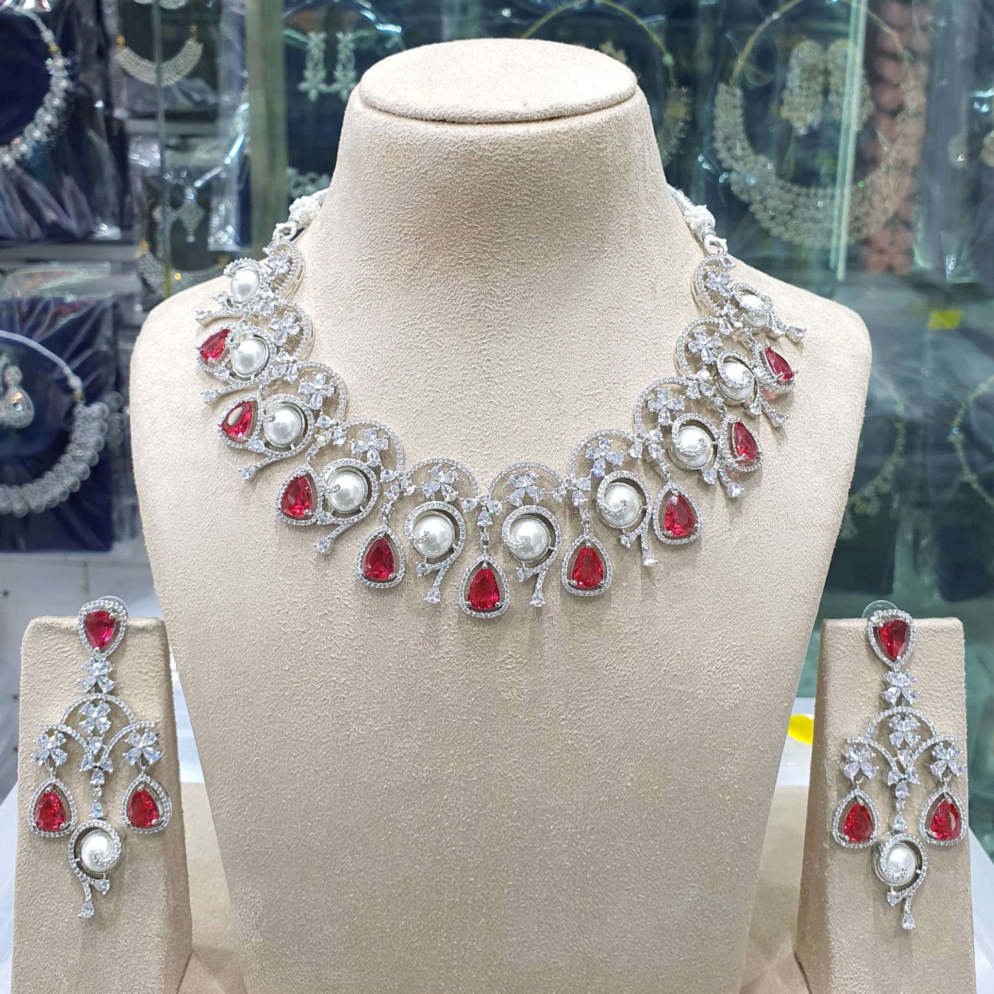 Beautiful American Diamond Antique Stone Necklace with Earrings Jewellery