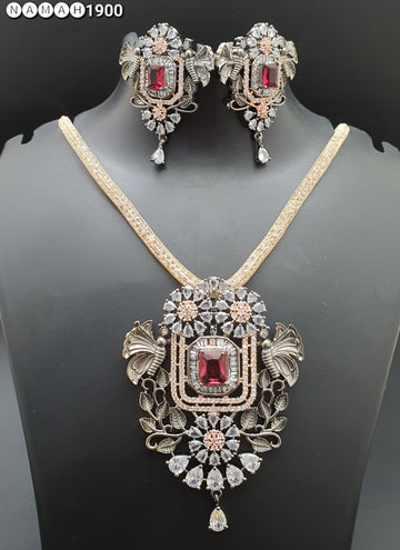 Beautiful American Diamond Antique Stone Necklace with Earrings Jewellery