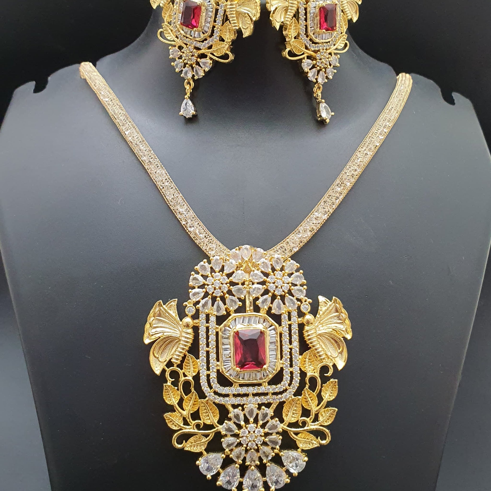 Beautiful American Diamond Antique Stone Necklace with Earrings Jewellery