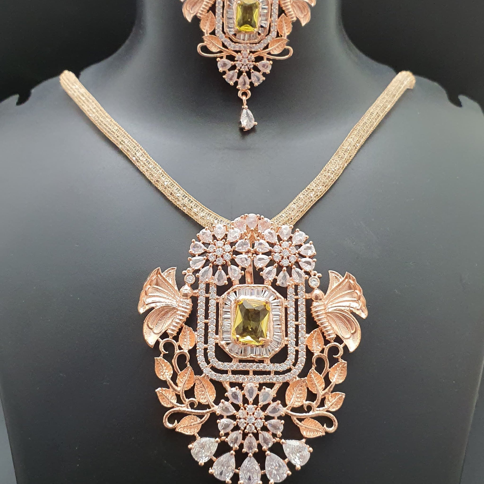 Beautiful American Diamond Antique Stone Necklace with Earrings Jewellery