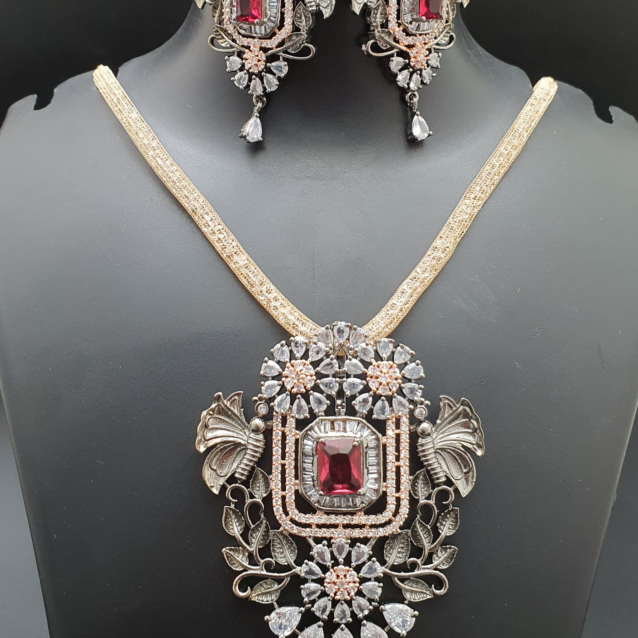 Beautiful American Diamond Antique Stone Necklace with Earrings Jewellery