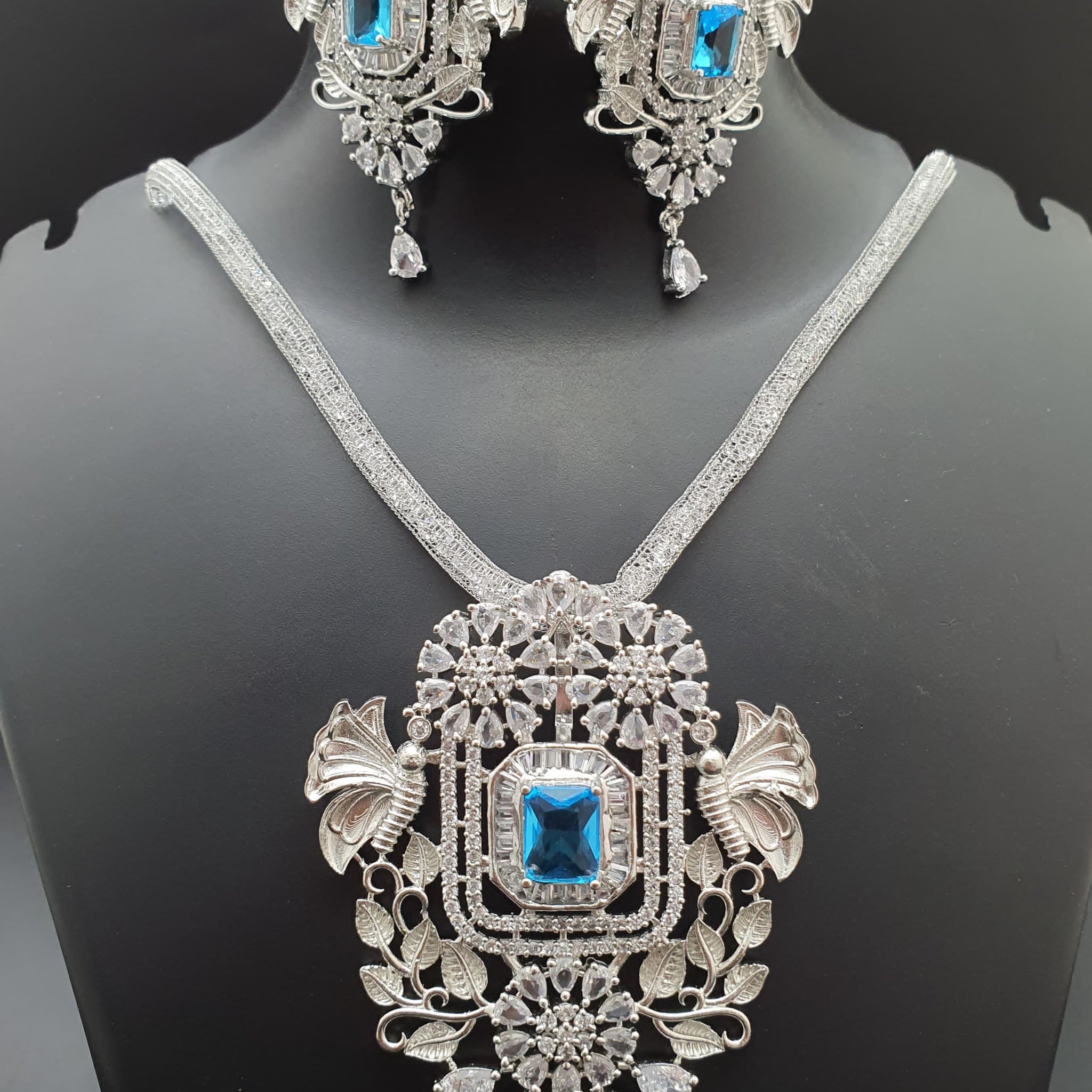 Beautiful American Diamond Antique Stone Necklace with Earrings Jewellery