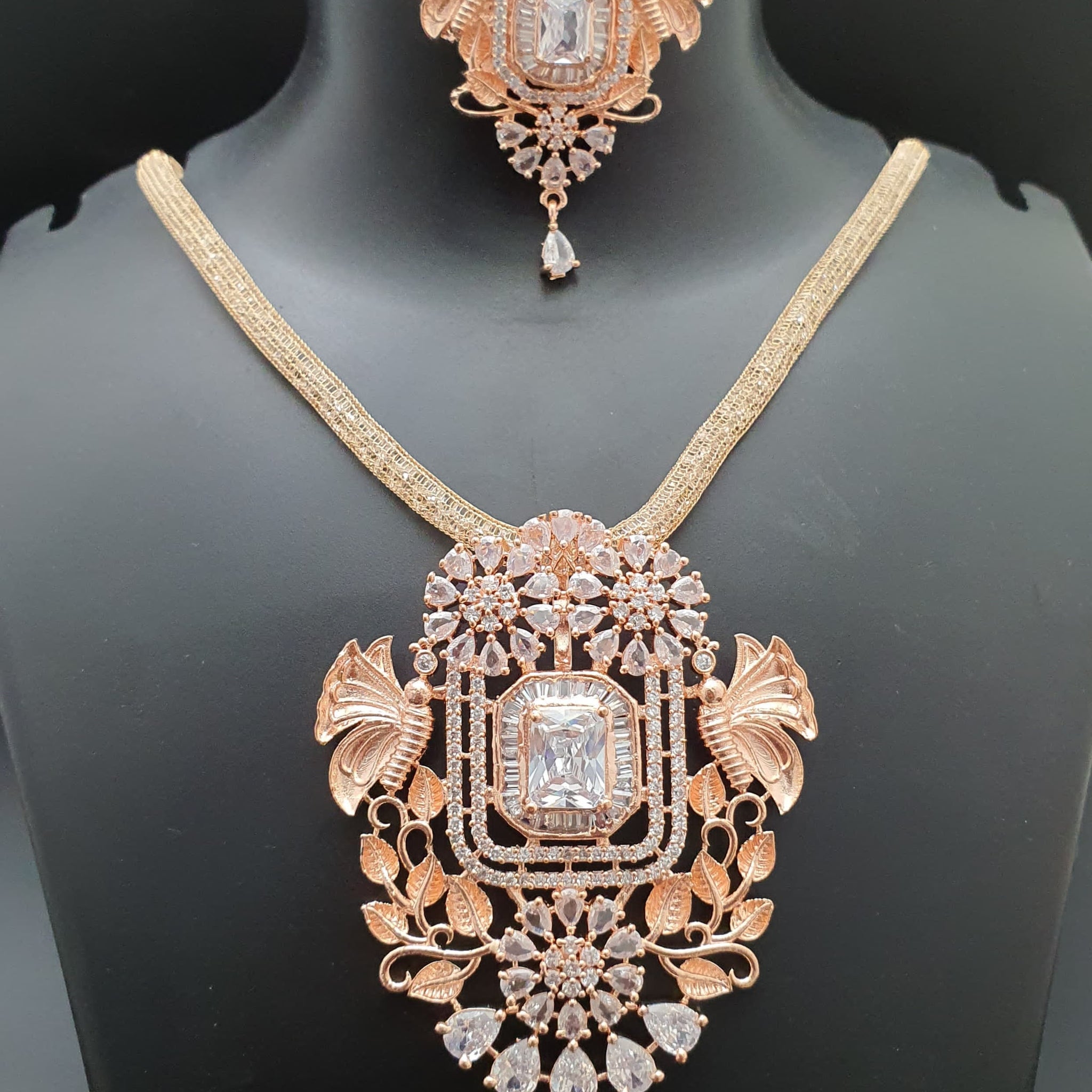 Beautiful American Diamond Antique Stone Necklace with Earrings Jewellery