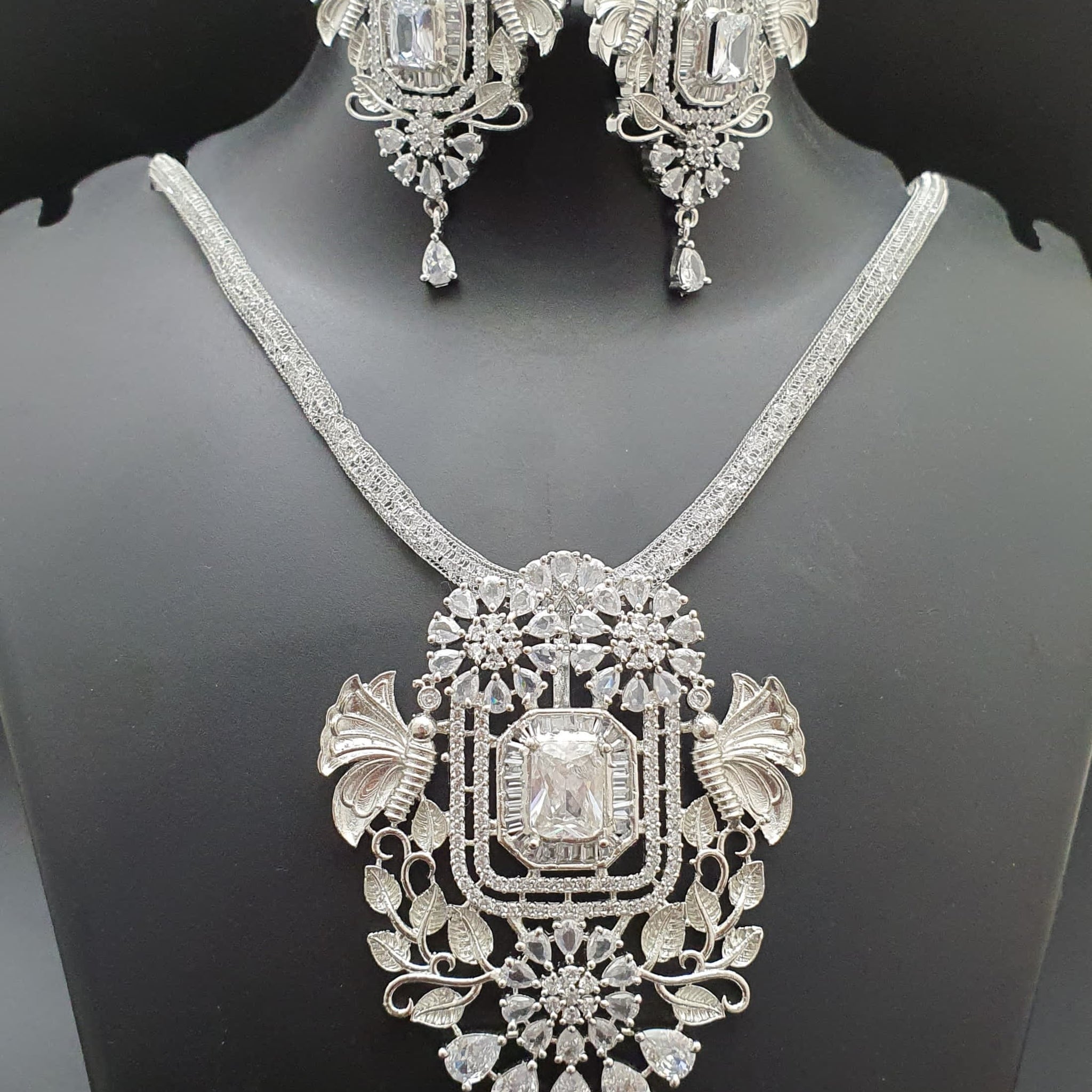 Beautiful American Diamond Antique Stone Necklace with Earrings Jewellery