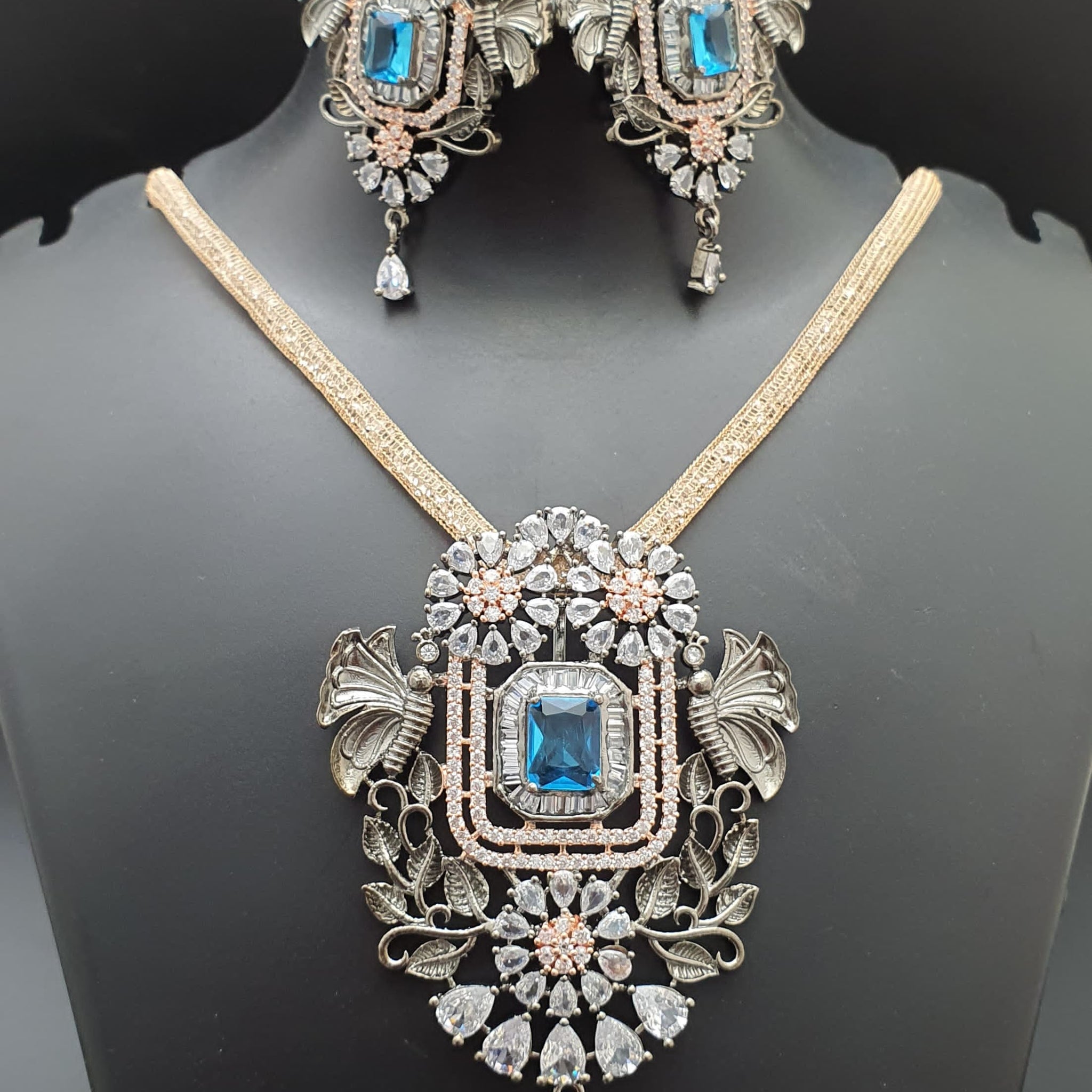 Beautiful American Diamond Antique Stone Necklace with Earrings Jewellery