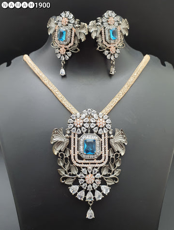 Beautiful American Diamond Antique Stone Necklace with Earrings Jewellery