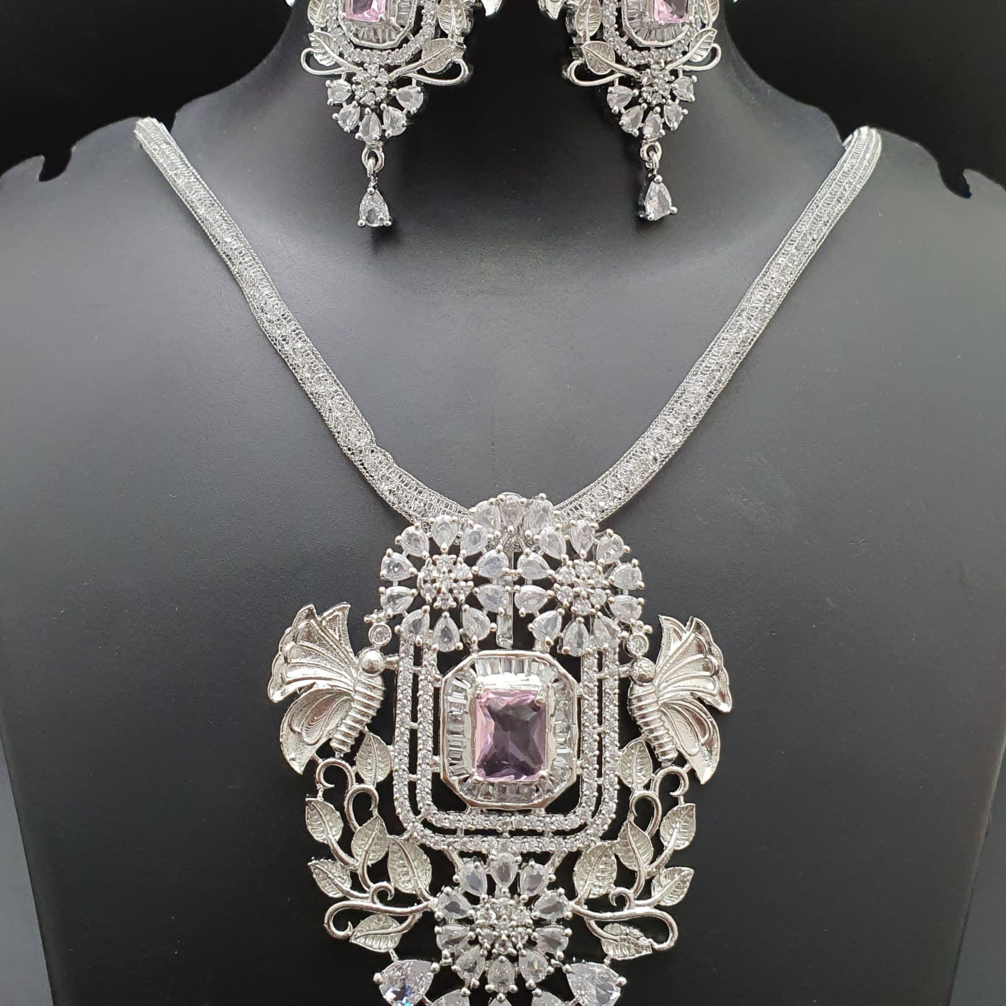 Beautiful American Diamond Antique Stone Necklace with Earrings Jewellery