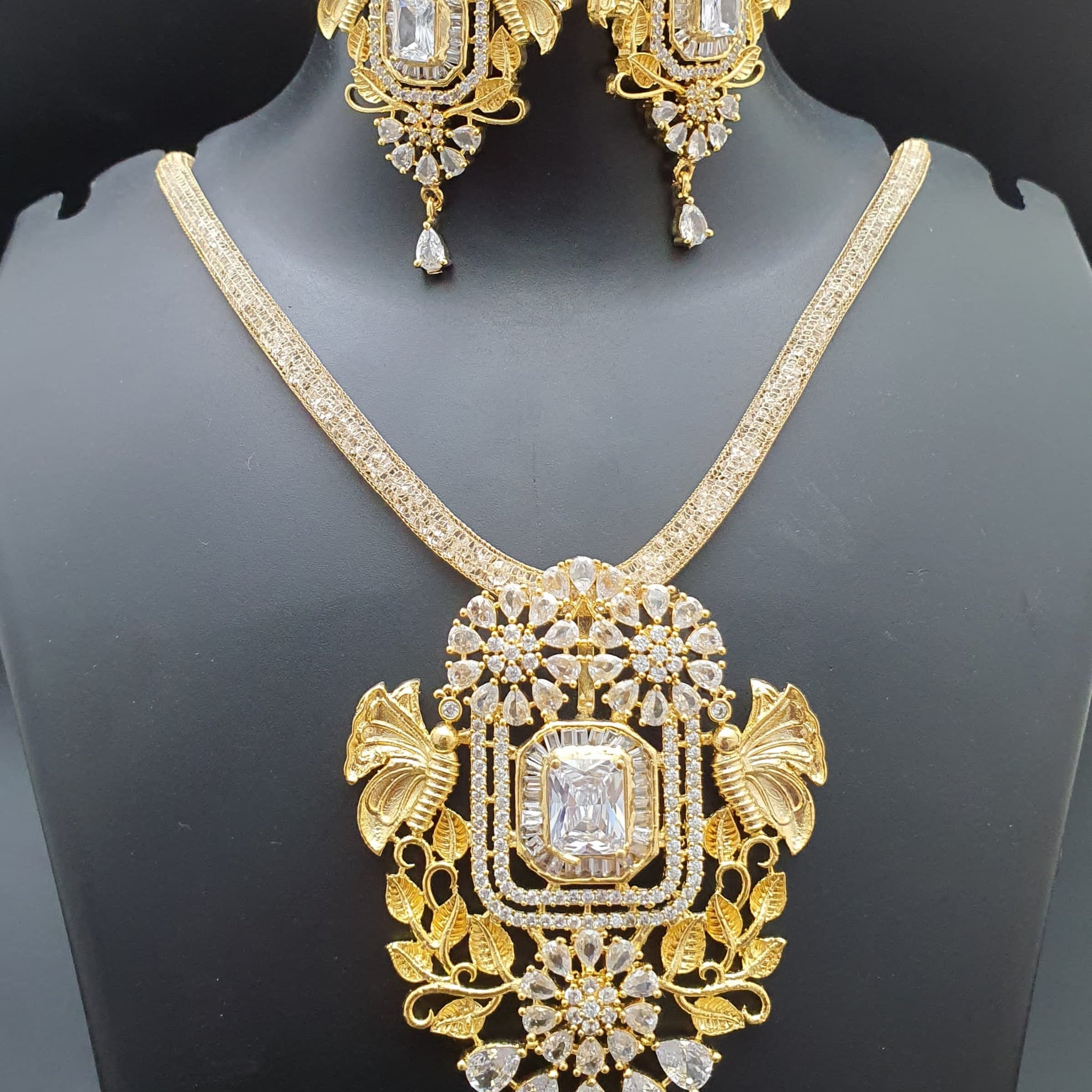 Beautiful American Diamond Antique Stone Necklace with Earrings Jewellery