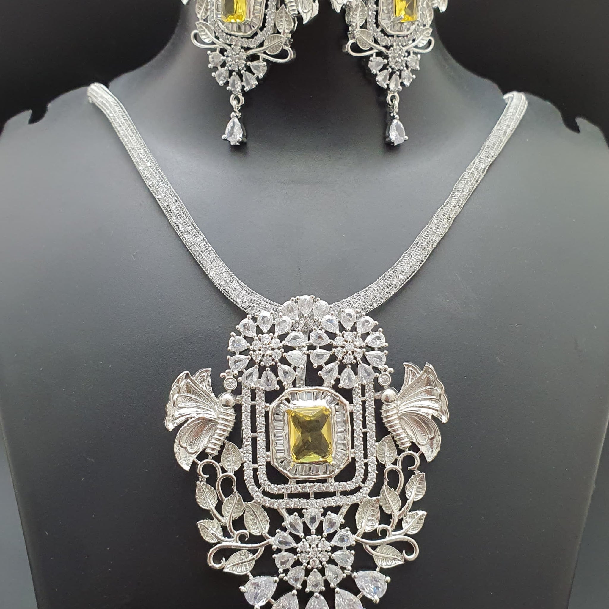 Beautiful American Diamond Antique Stone Necklace with Earrings Jewellery