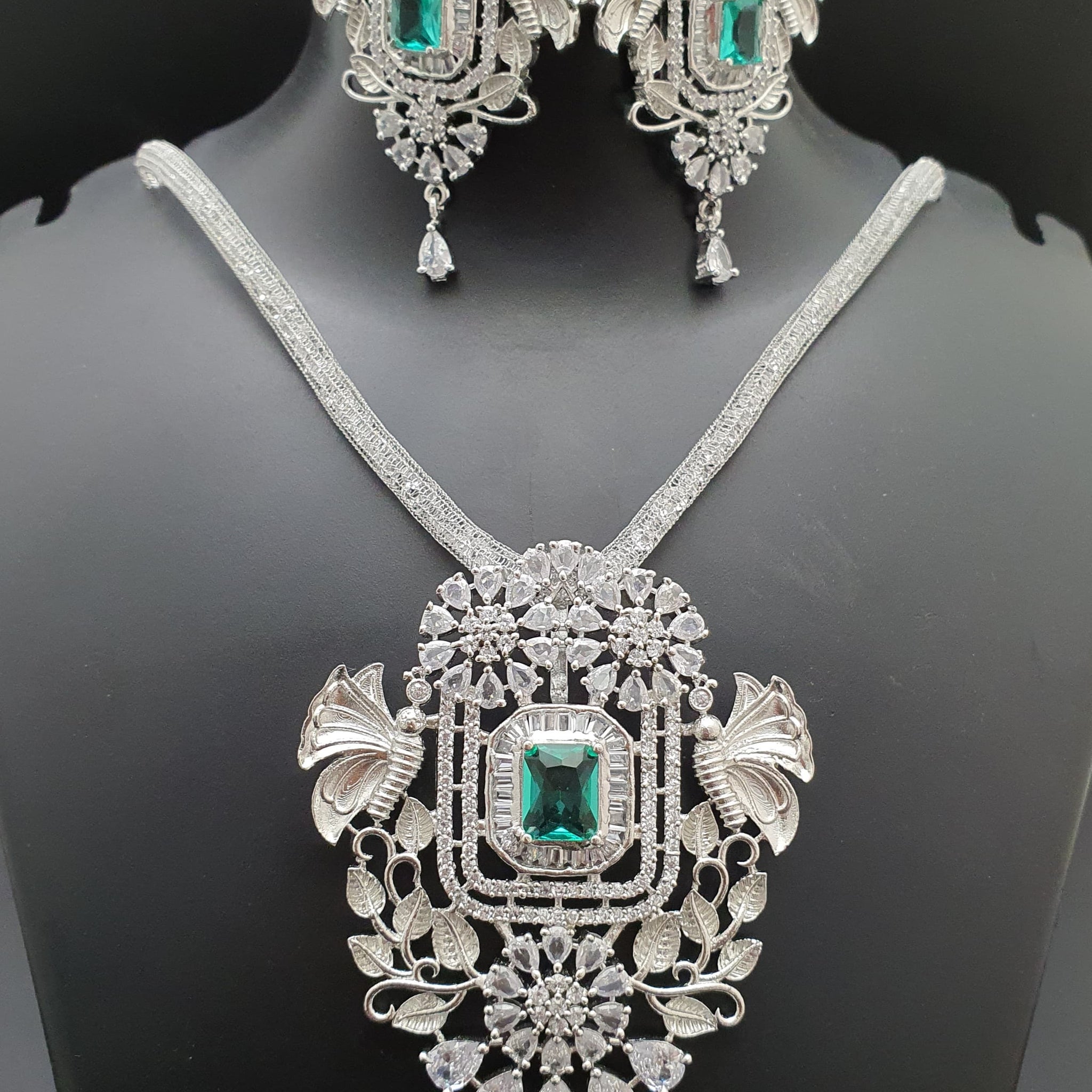 Beautiful American Diamond Antique Stone Necklace with Earrings Jewellery