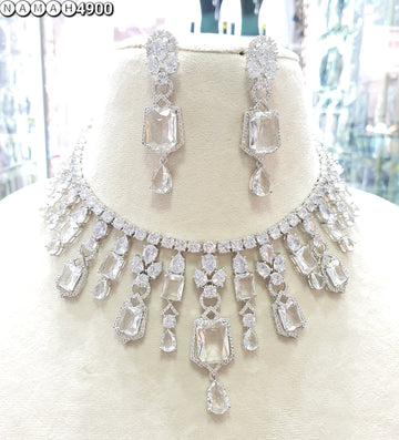 Wedding Special American Diamond Antique Stone Necklace with Earrings Jewellery