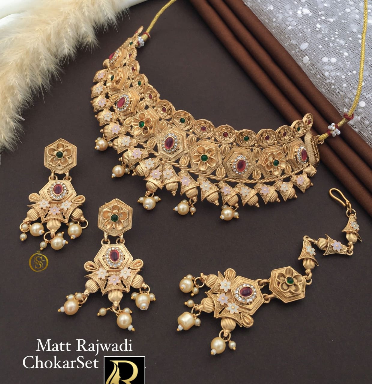 Designer Superhit Brass High Gold Diamond and Stone Mett Necklace Set with Earrings