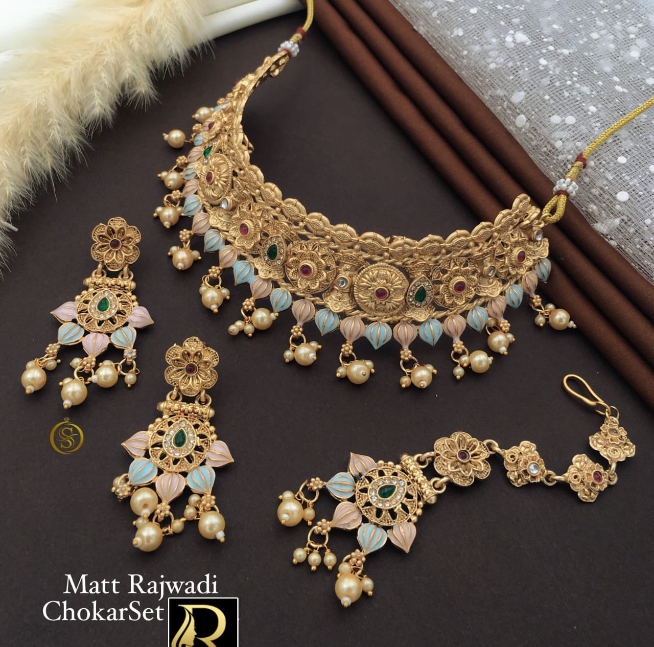 Designer Superhit Brass High Gold Diamond and Stone Mett Necklace Set with Earrings