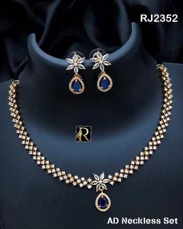 Designer Superhit Brass High Gold RF American Diamonds Silver /Golden Necklace with Earrings