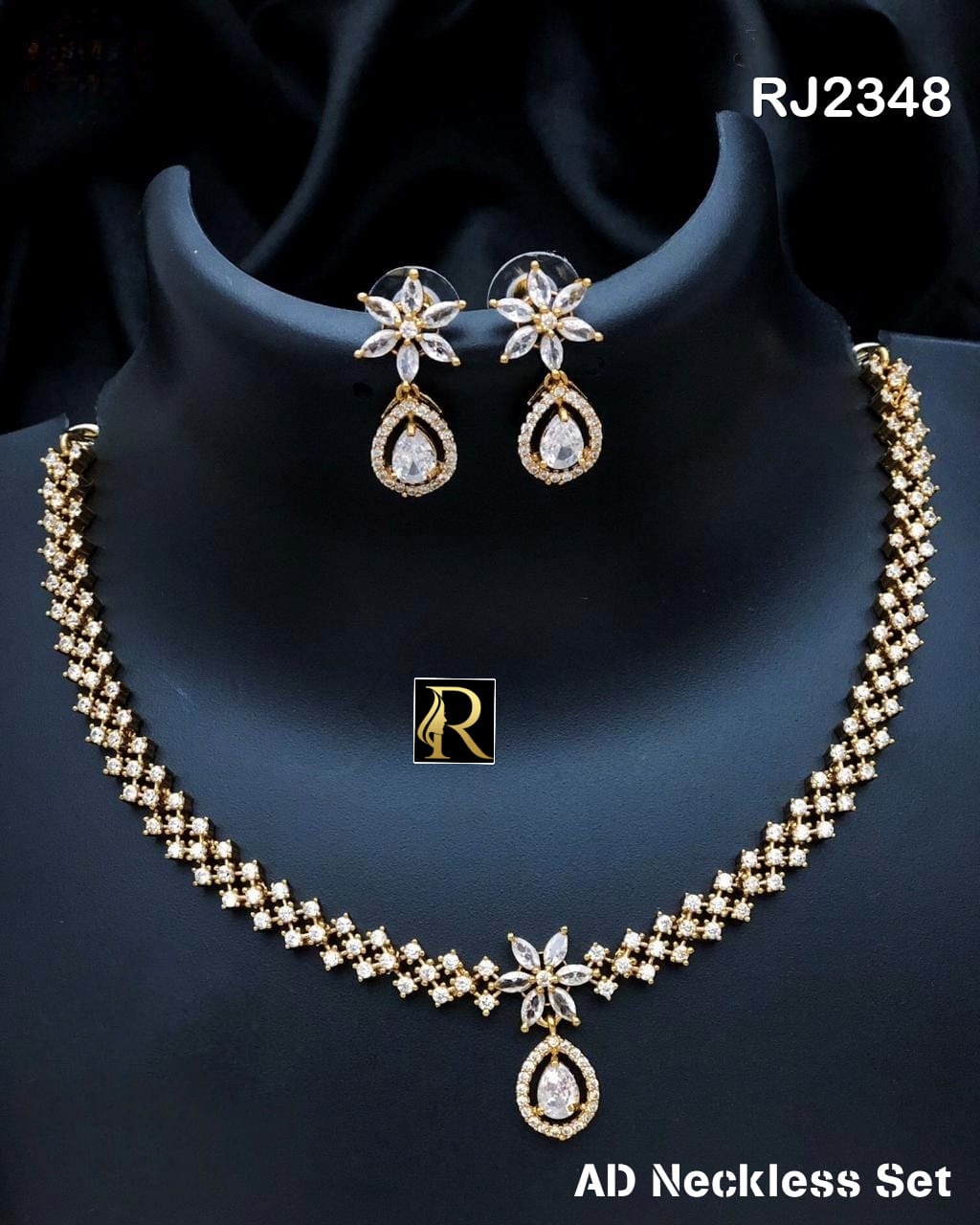 Designer Superhit Brass High Gold RF American Diamonds Silver /Golden Necklace with Earrings