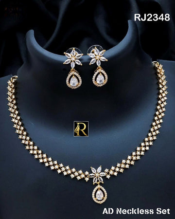 Designer Superhit Brass High Gold RF American Diamonds Silver /Golden Necklace with Earrings