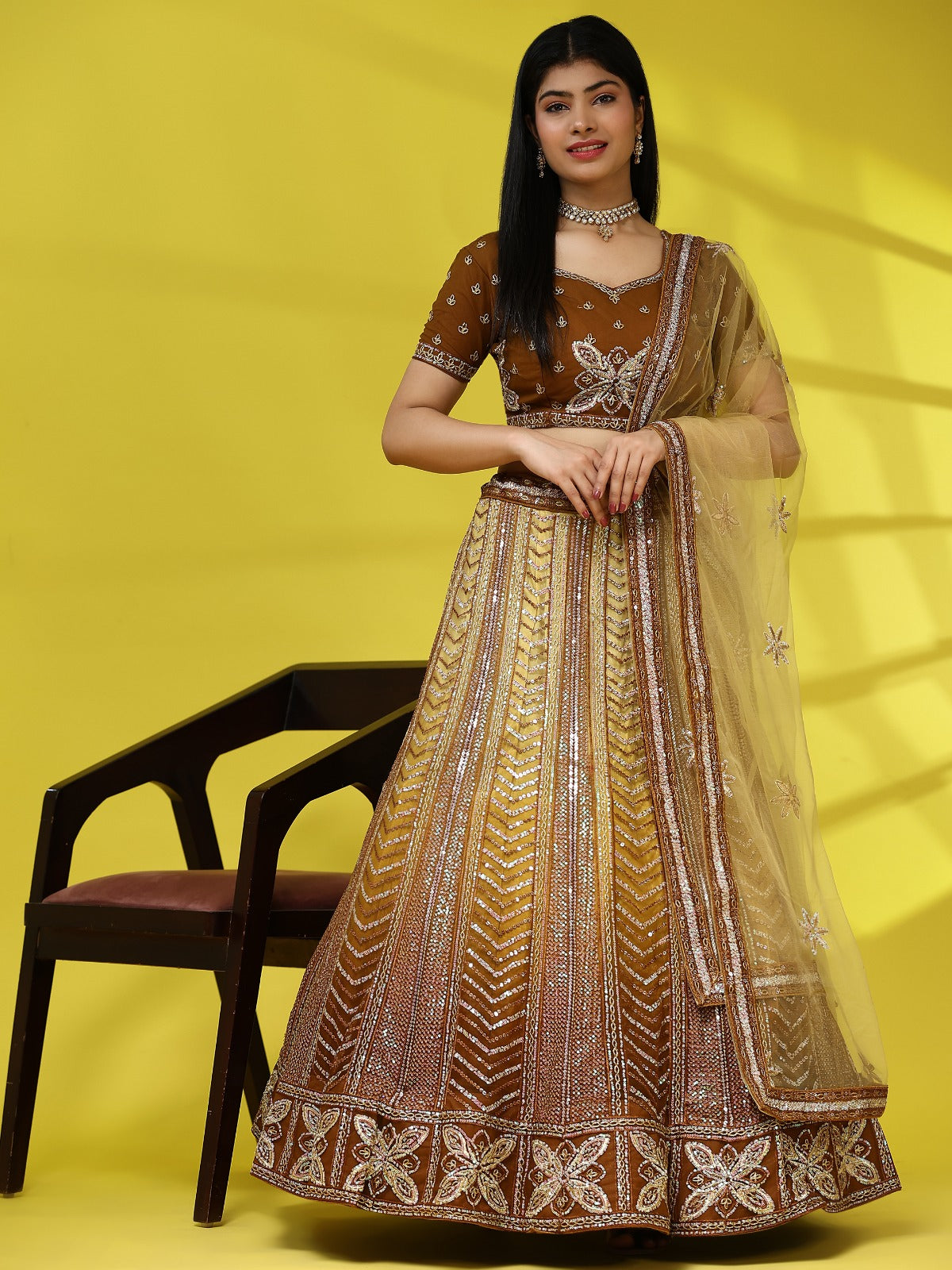 Crop top with golden lehenga best sale