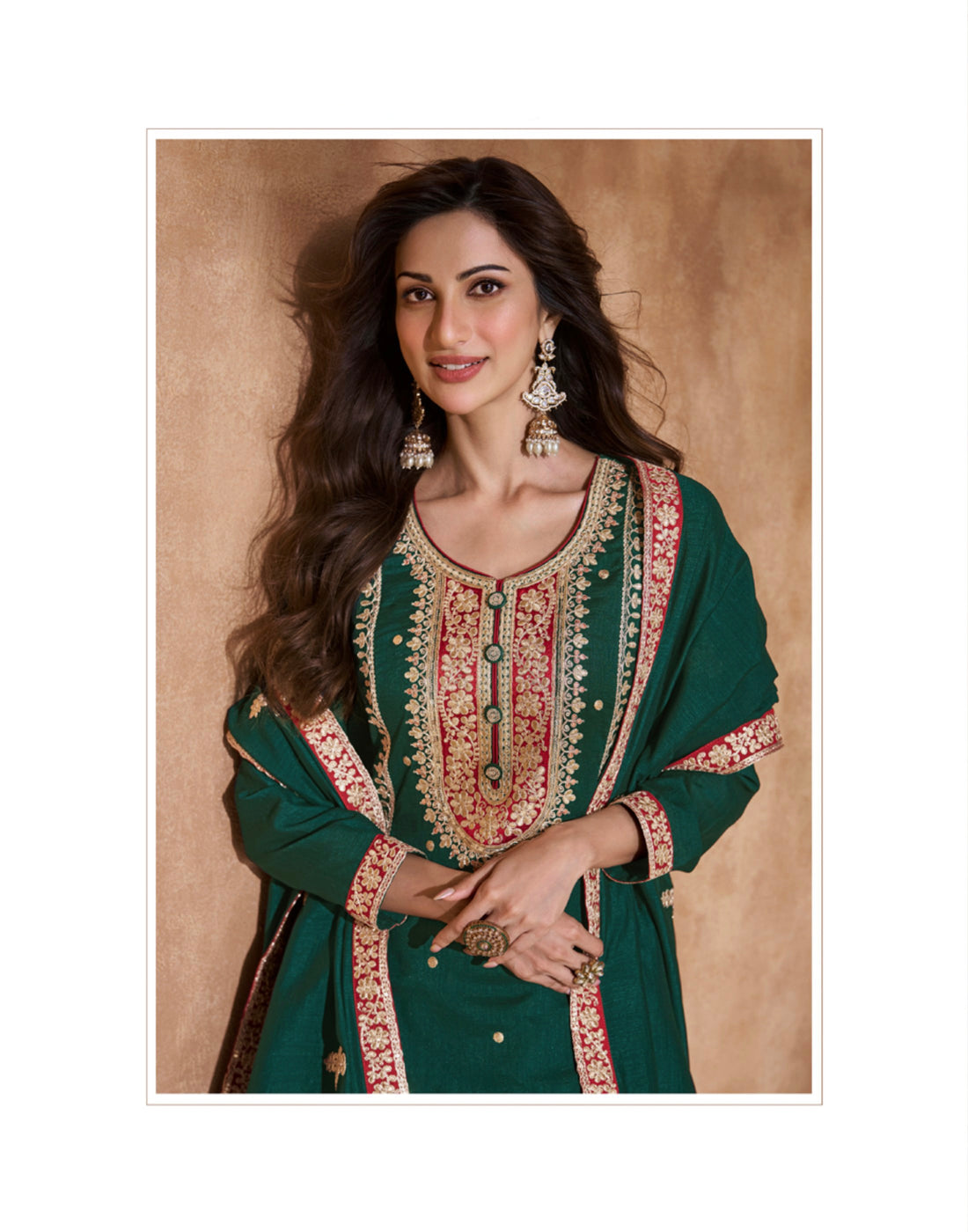 Green Silk Palazzo Suit with Embroidered Dupatta