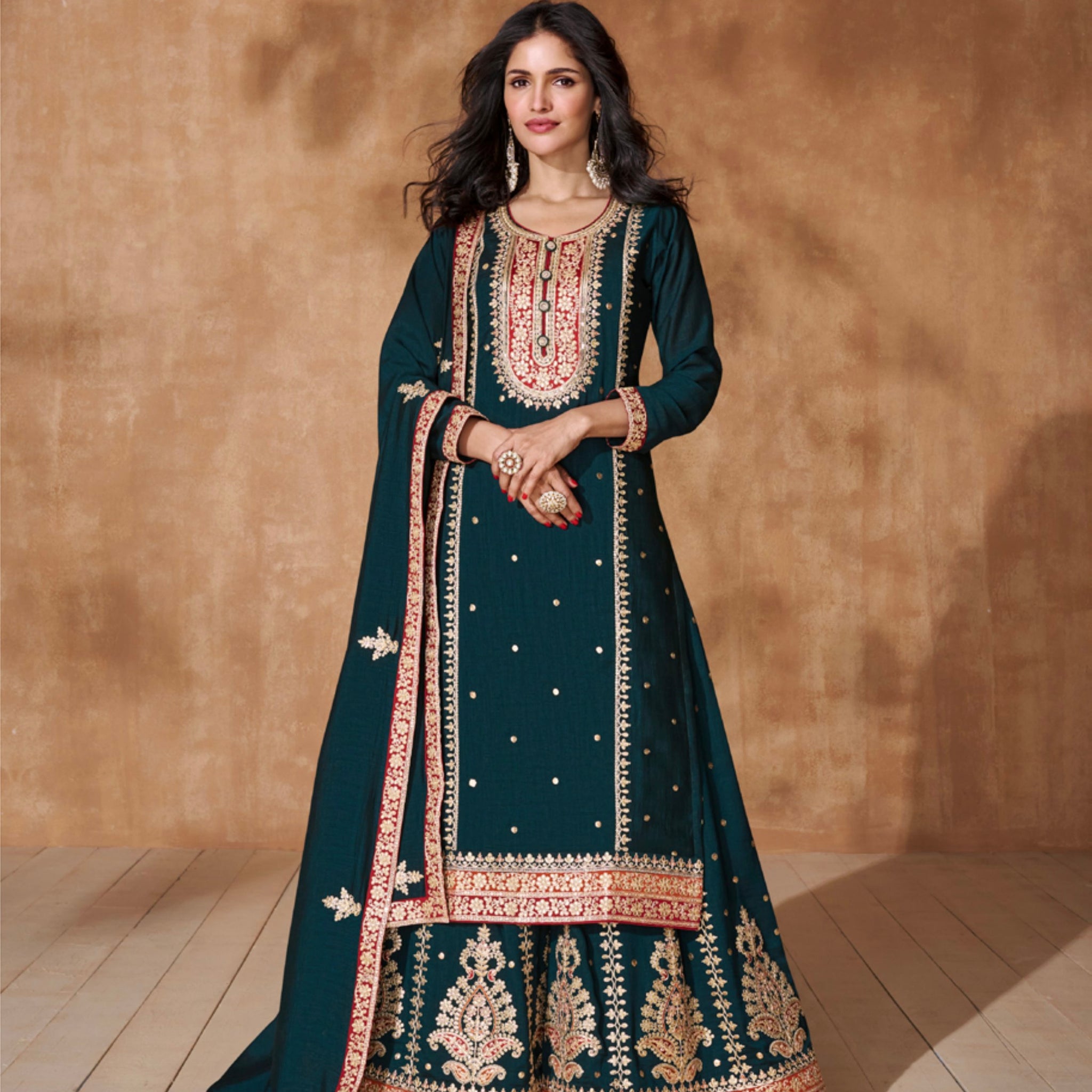 Teal Green Silk Palazzo Suit with Embroidered Dupatta