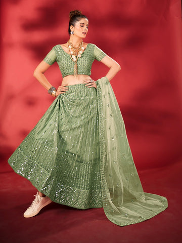 Beautiful Designer Sea Green Sequins Embroidered Net Lehenga Choli