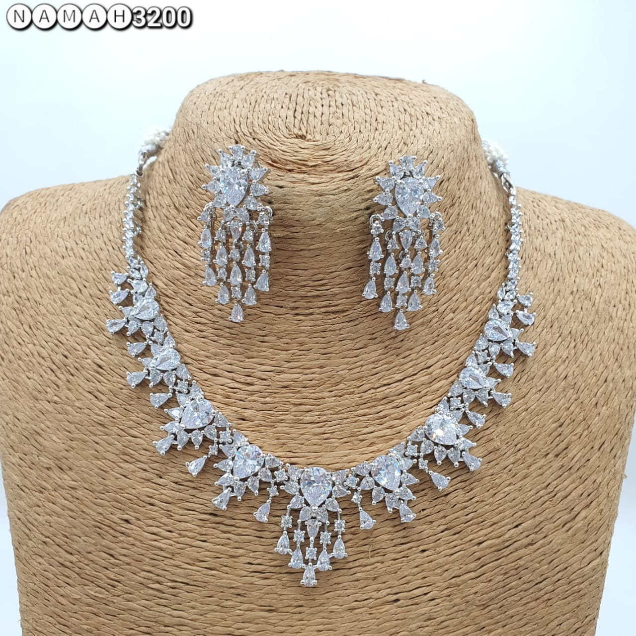 Beautiful American Diamond Antique Stone Necklace with Earrings Jewellery