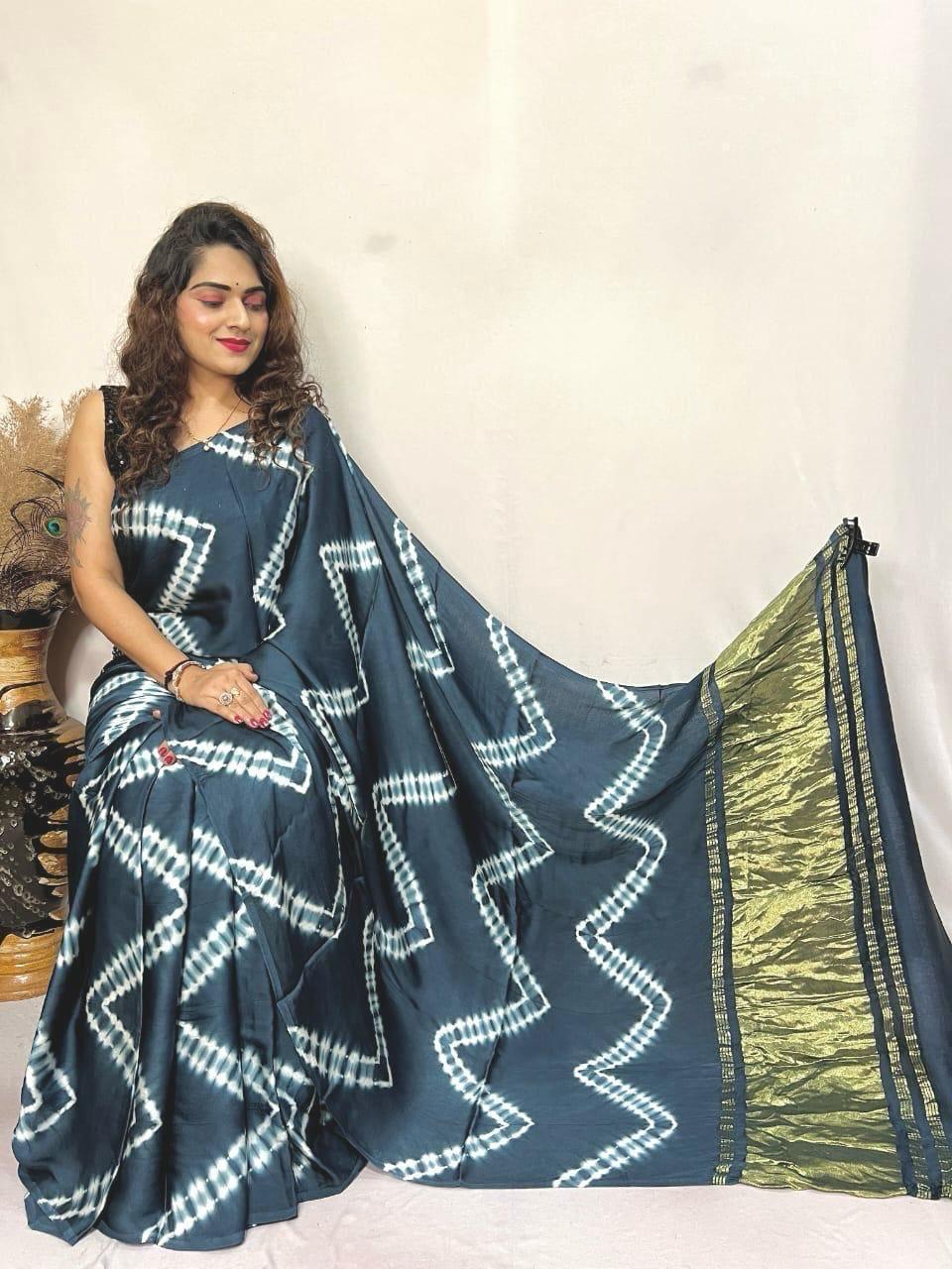 Pure Cotton Lagdi Patta Lehariya Print Saree