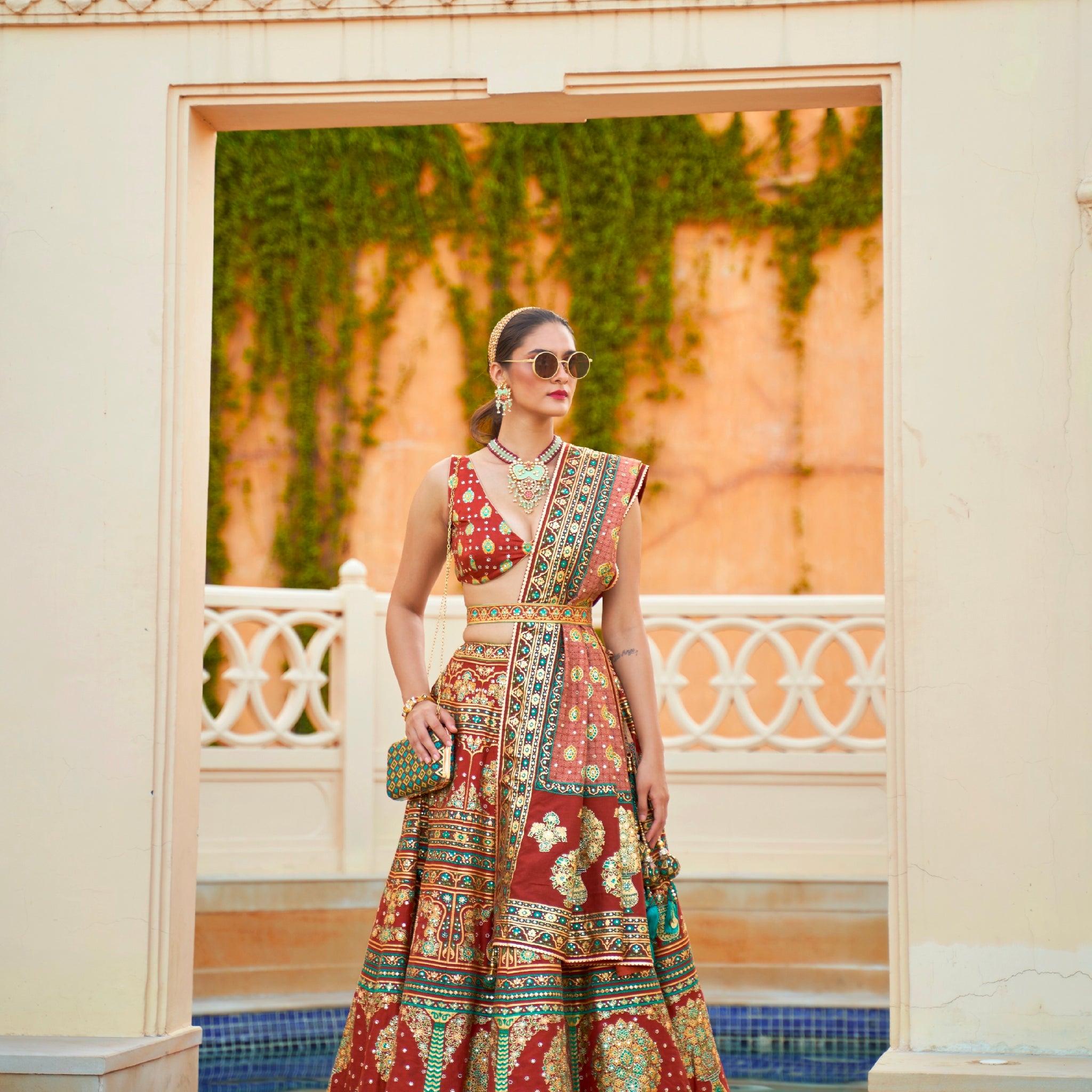 Elegant Bridal Lehenga Choli - Silk, Mirror Work & Accessories