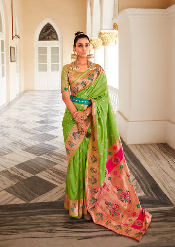 Parrot Green Zari Woven Traditional Paithani Silk Saree