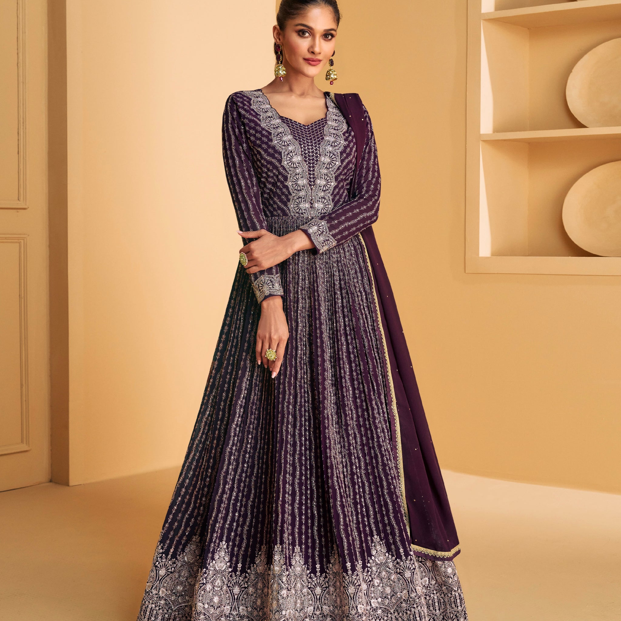 Stunning Real Georgette Anarkali Suit in Deep Purple with Dupatta