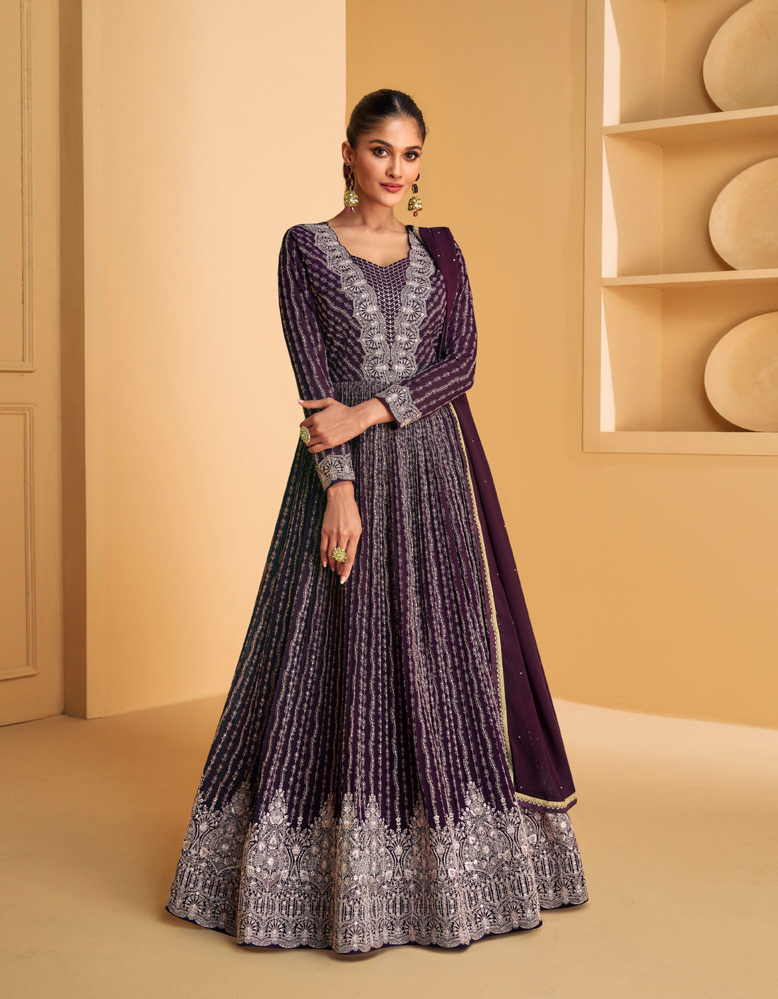 Stunning Real Georgette Anarkali Suit in Deep Purple with Dupatta