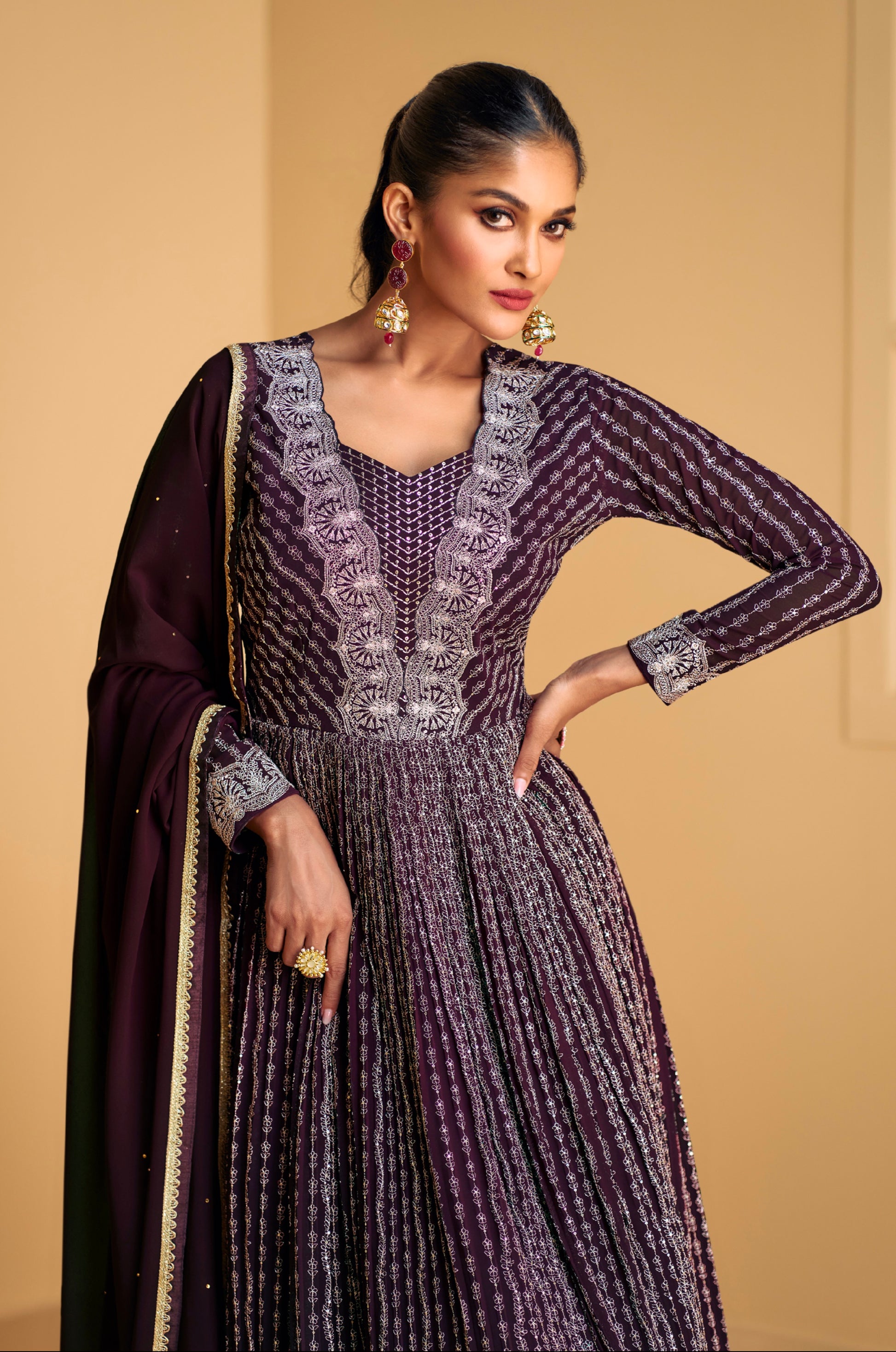 Stunning Real Georgette Anarkali Suit in Deep Purple with Dupatta