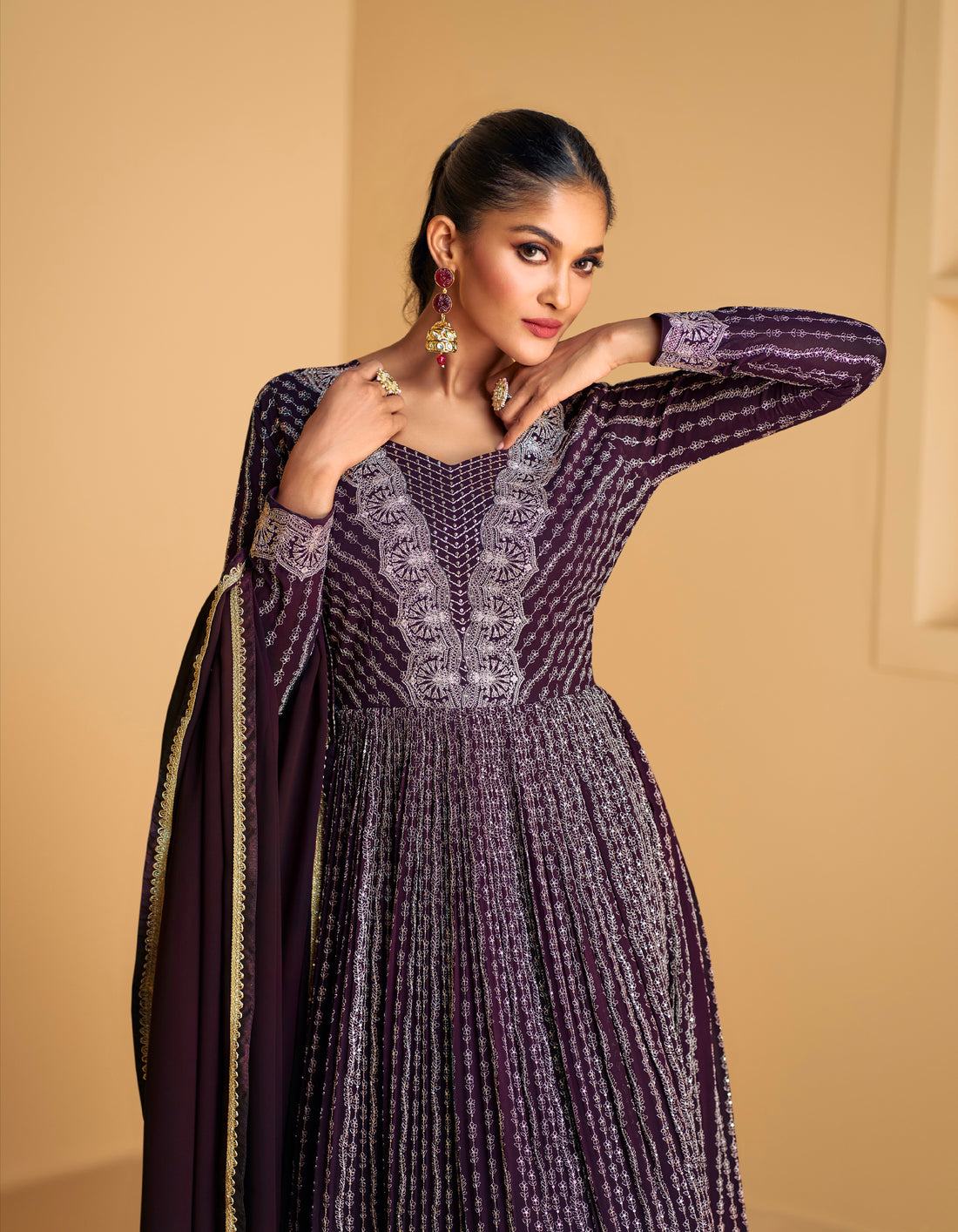 Stunning Real Georgette Anarkali Suit in Deep Purple with Dupatta