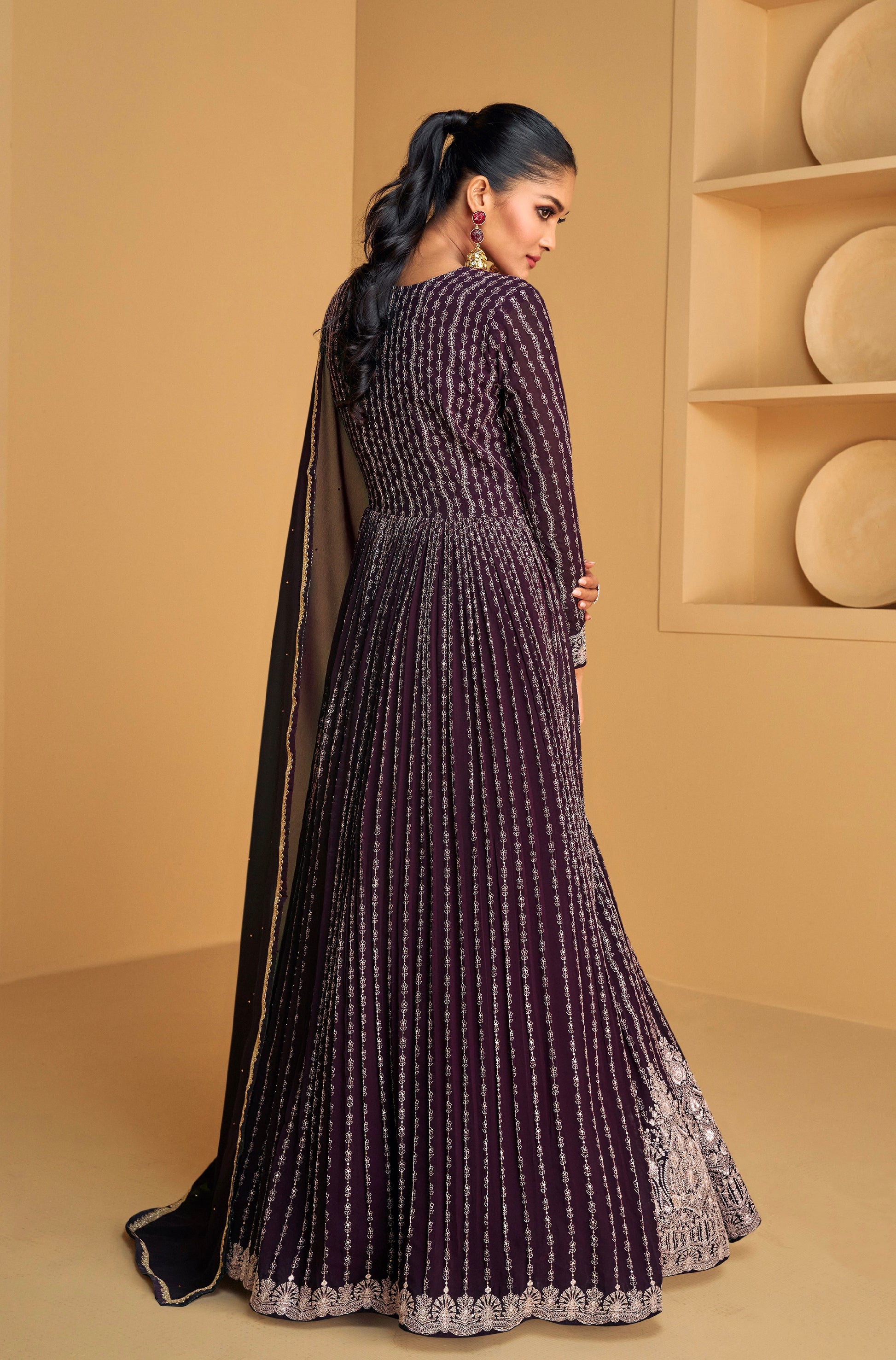 Stunning Real Georgette Anarkali Suit in Deep Purple with Dupatta