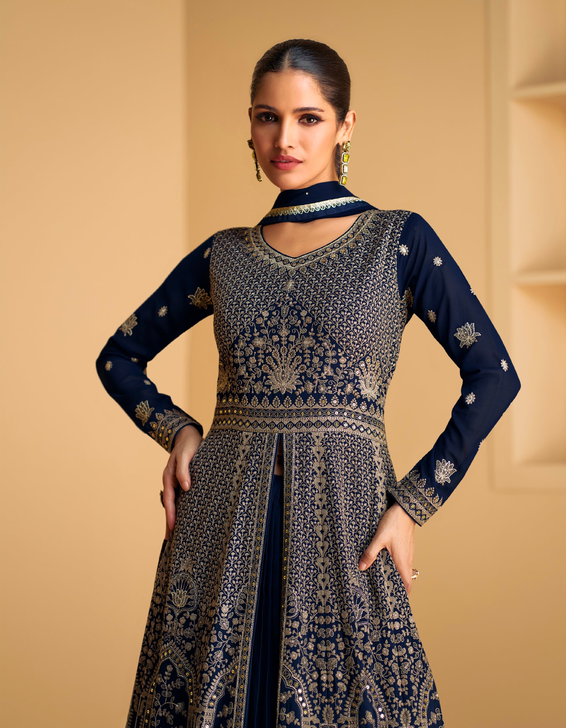 Exquisite Navy Blue Real Georgette Anarkali Suit with Dupatta