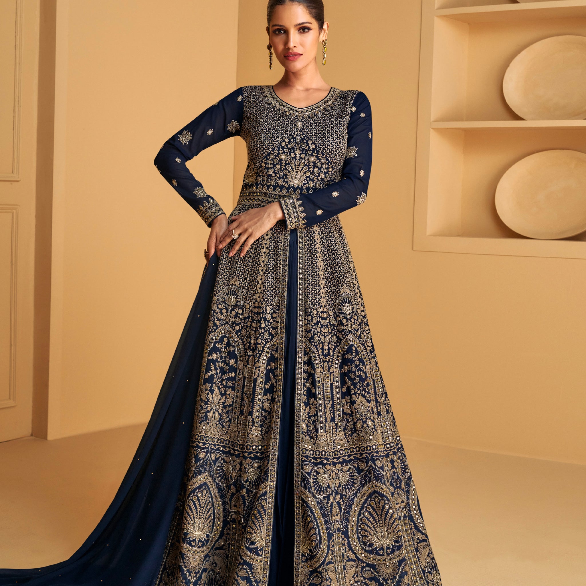 Exquisite Navy Blue Real Georgette Anarkali Suit with Dupatta