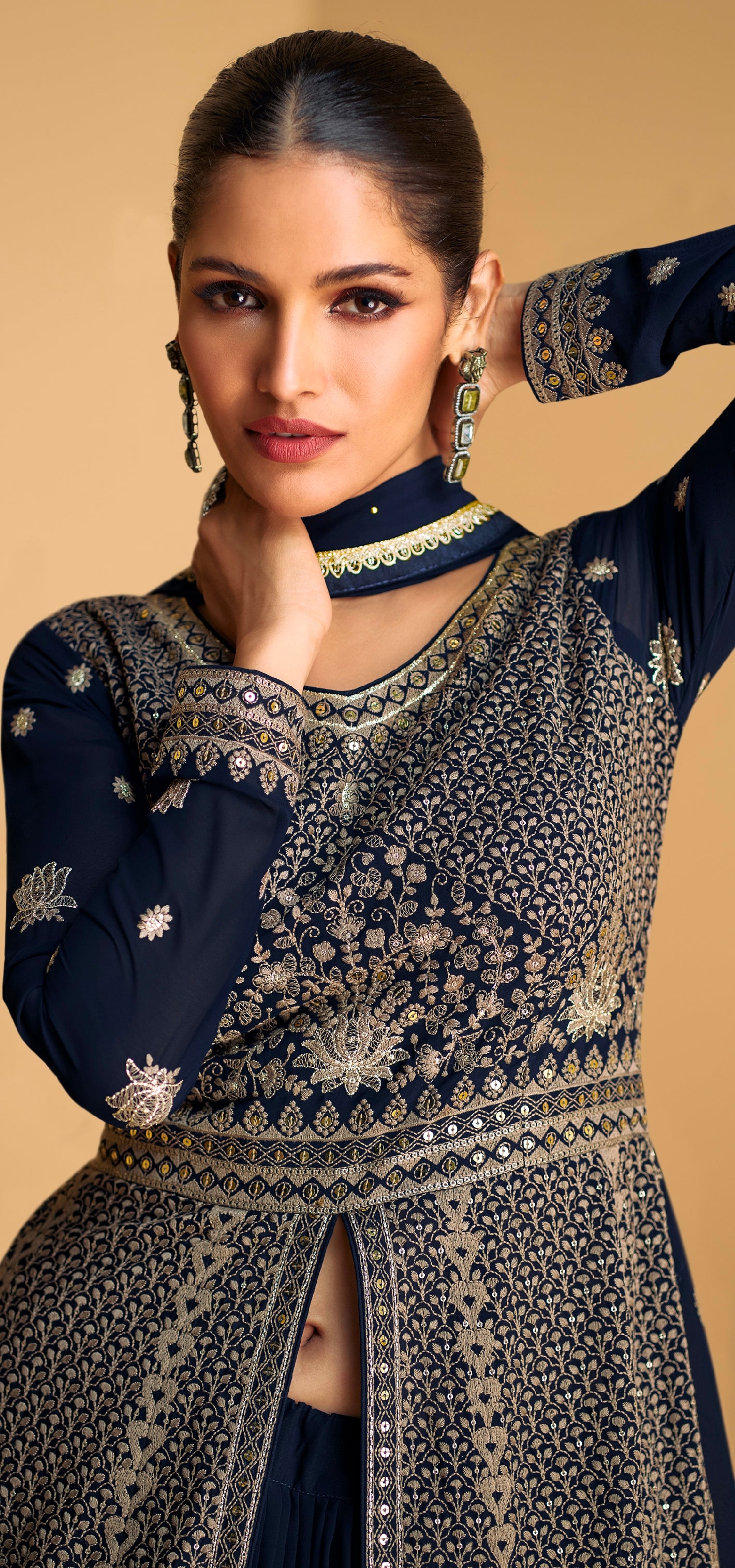 Exquisite Navy Blue Real Georgette Anarkali Suit with Dupatta