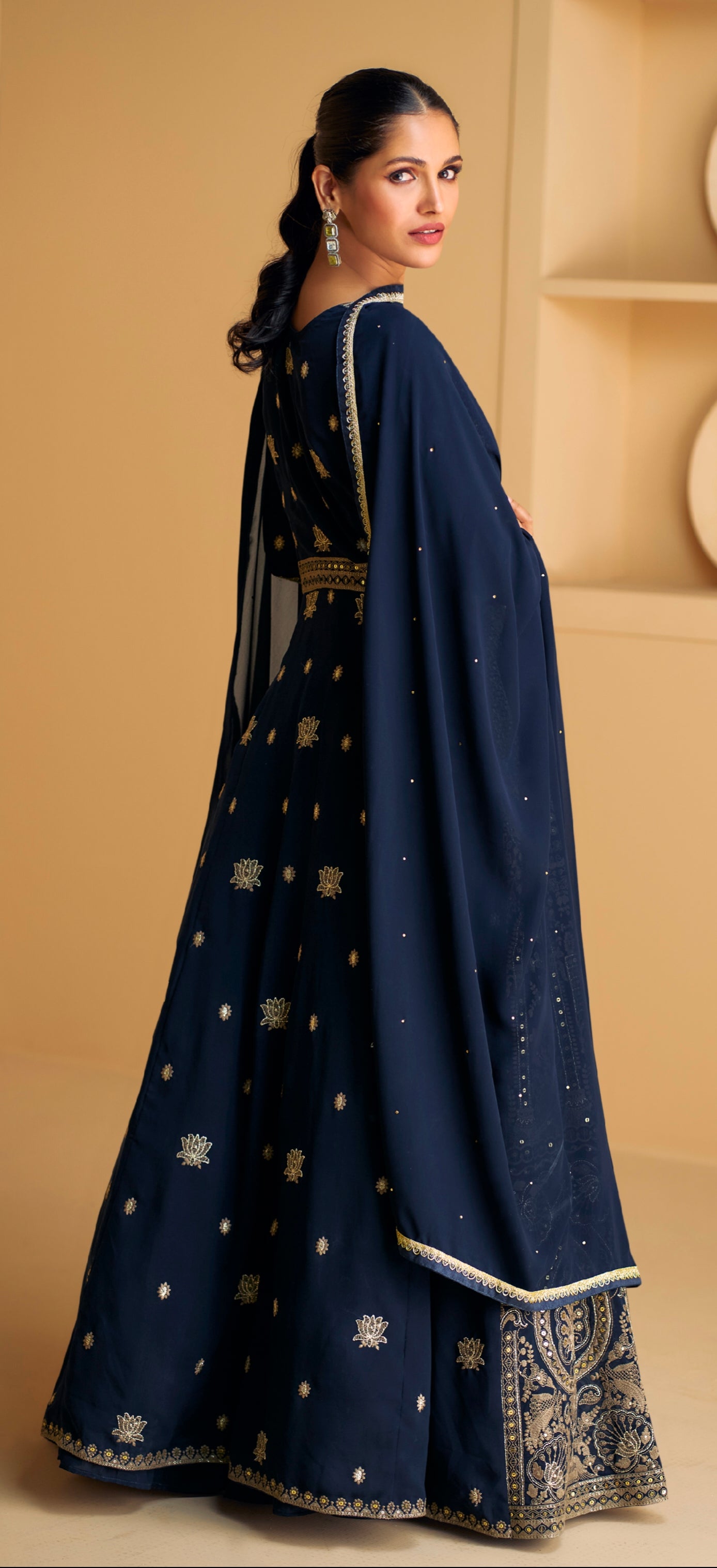 Exquisite Navy Blue Real Georgette Anarkali Suit with Dupatta