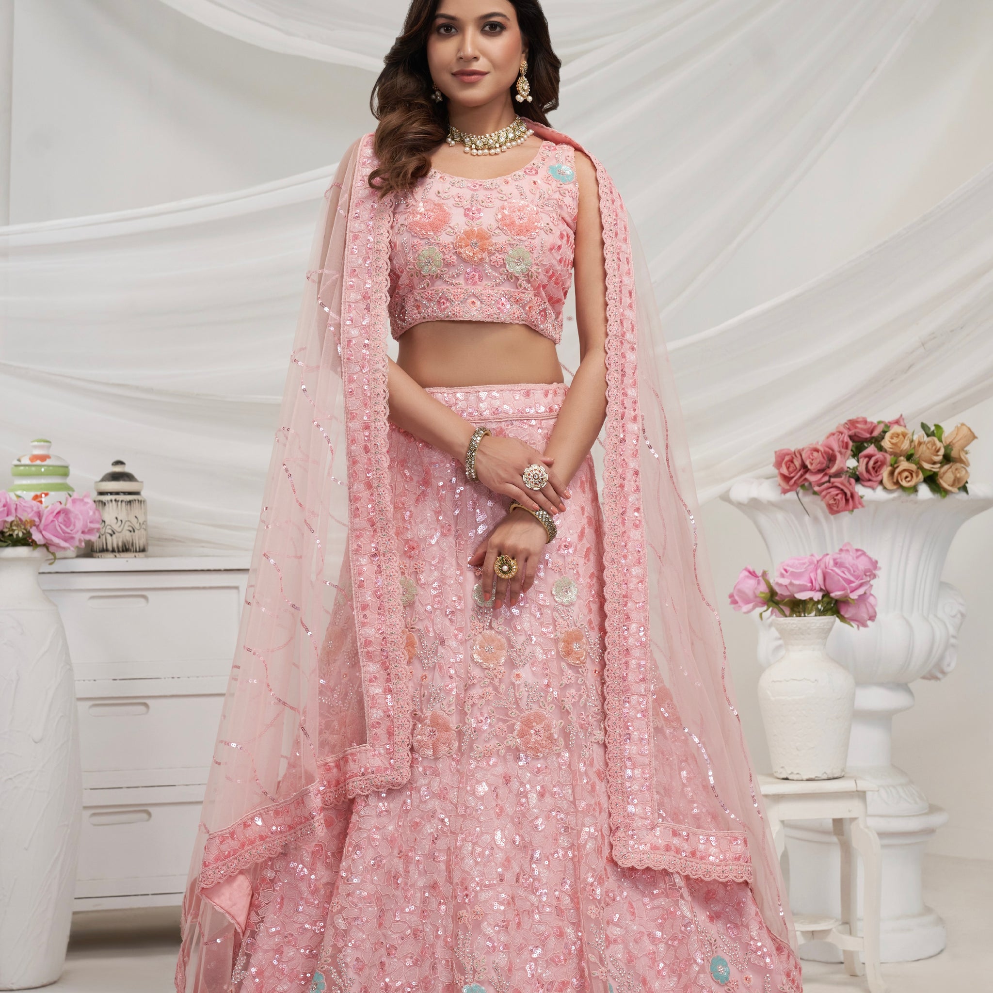 Elegant Pink Soft Net Lehenga Choli with Floral Embroidery