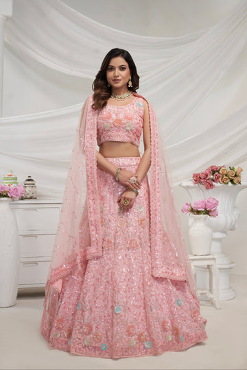 Elegant Pink Soft Net Lehenga Choli with Floral Embroidery