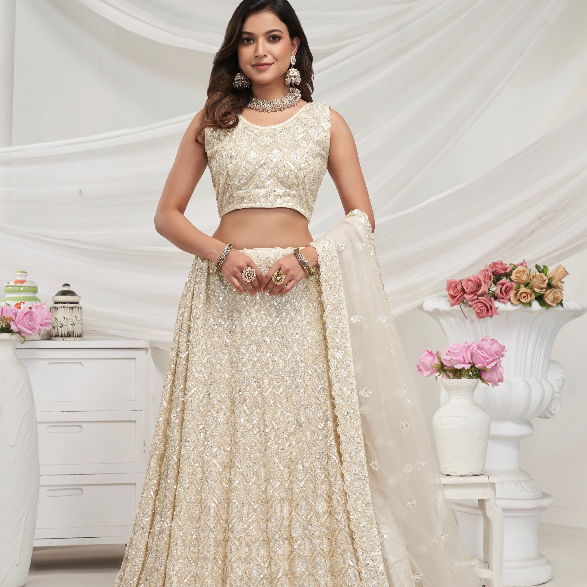 Elegant Ivory Soft Net Lehenga Choli with Diamond Sequin Work