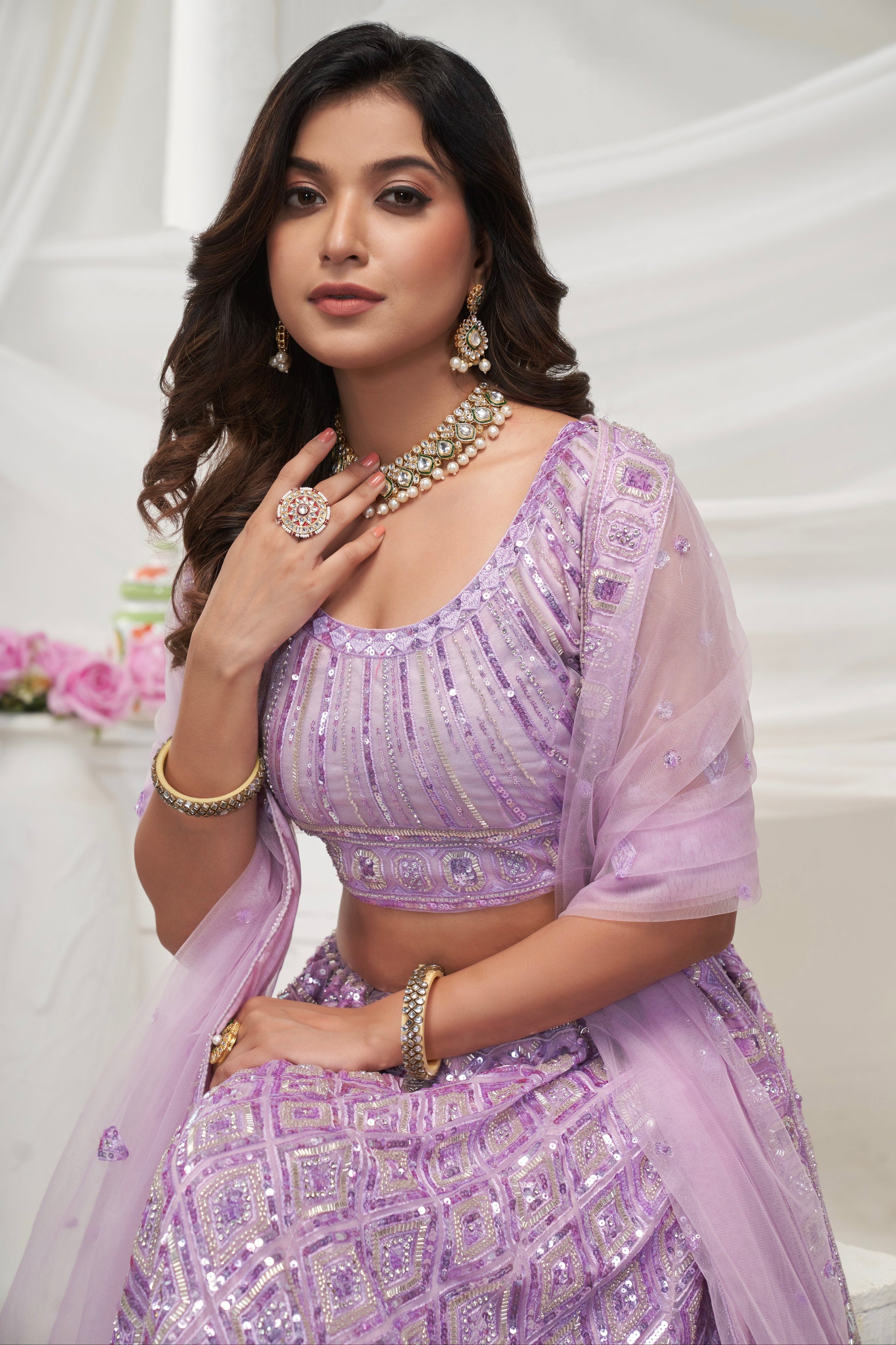 Elegant Mauve Soft Net Lehenga Choli with Pearl & Diamond Sequin Work