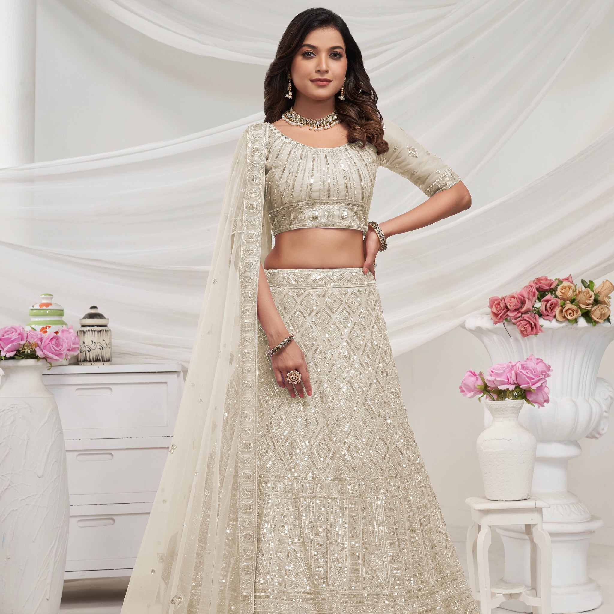 Ivory Soft Net Lehenga Choli Set - Pearl & Diamond Sequin Embroidery