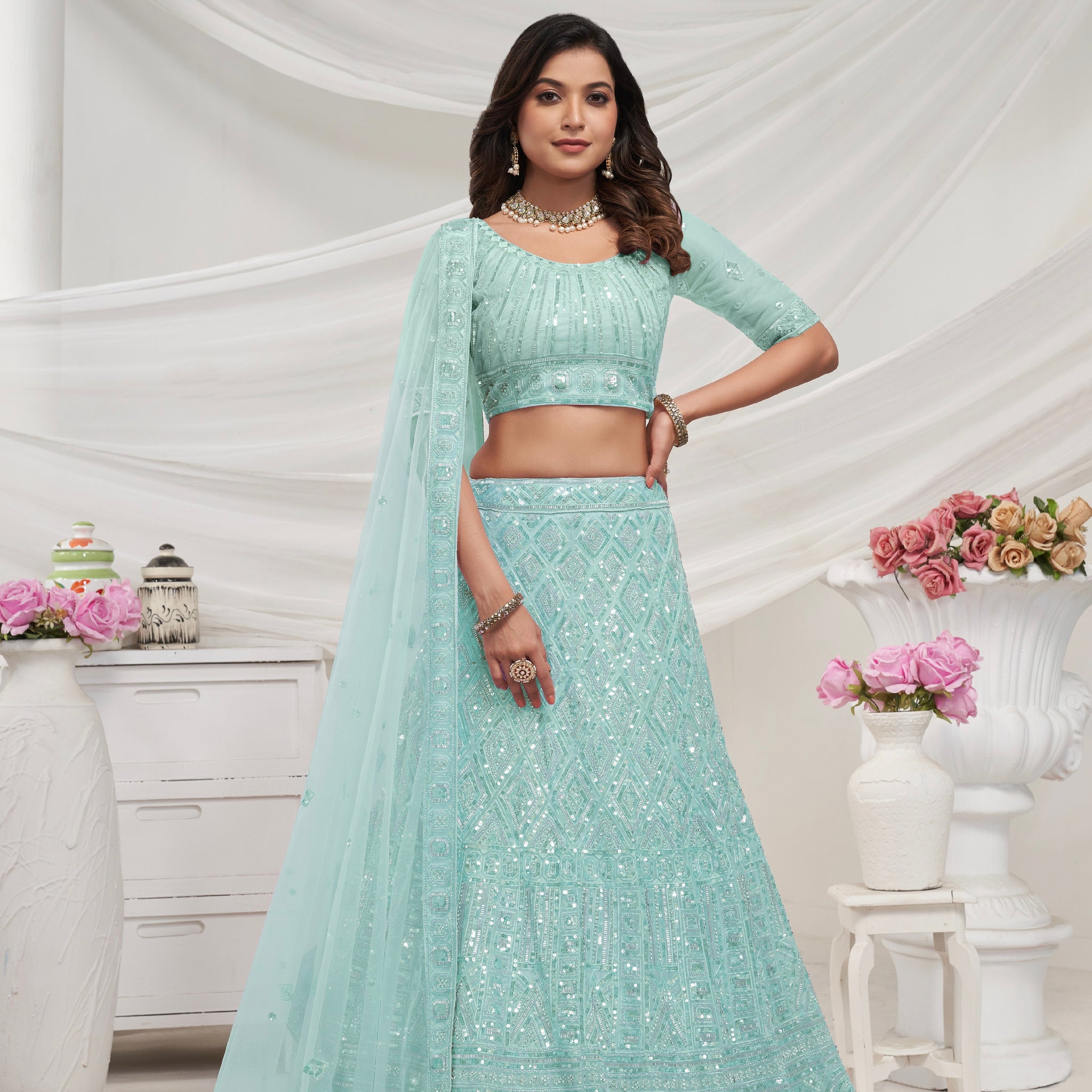 Sky Blue Soft Net Lehenga Choli Set - Pearl & Diamond Sequin Work