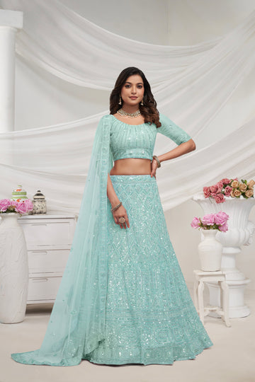 Sky Blue Soft Net Lehenga Choli Set - Pearl & Diamond Sequin Work