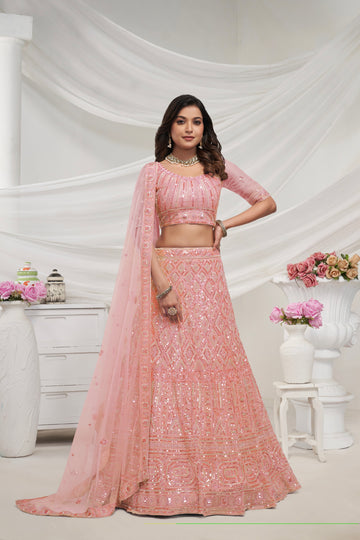 Elegant Peach Soft Net Lehenga Choli with Pearl & Diamond Sequin Work